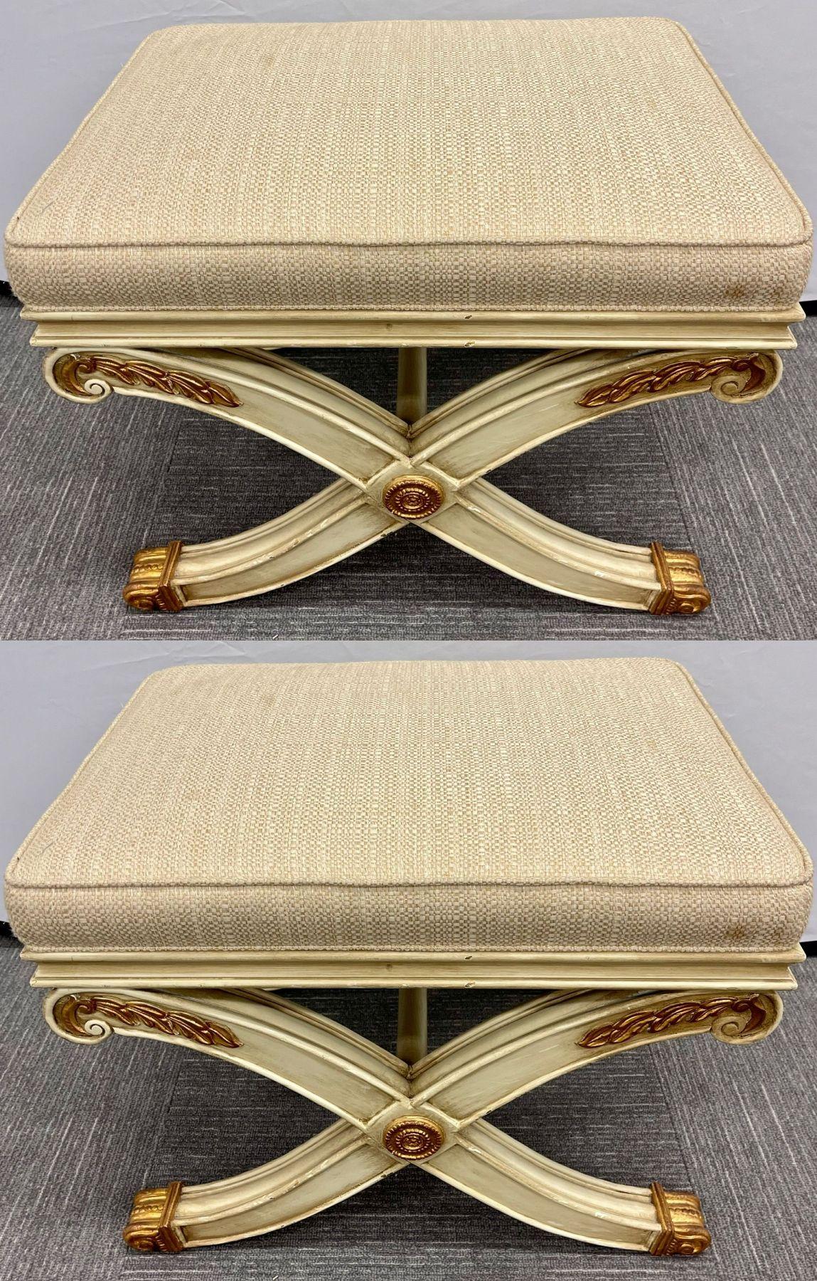 European Pair of Maison Jansen Style X-Form Benches or Footstools Ivory and Parcel Gilt For Sale