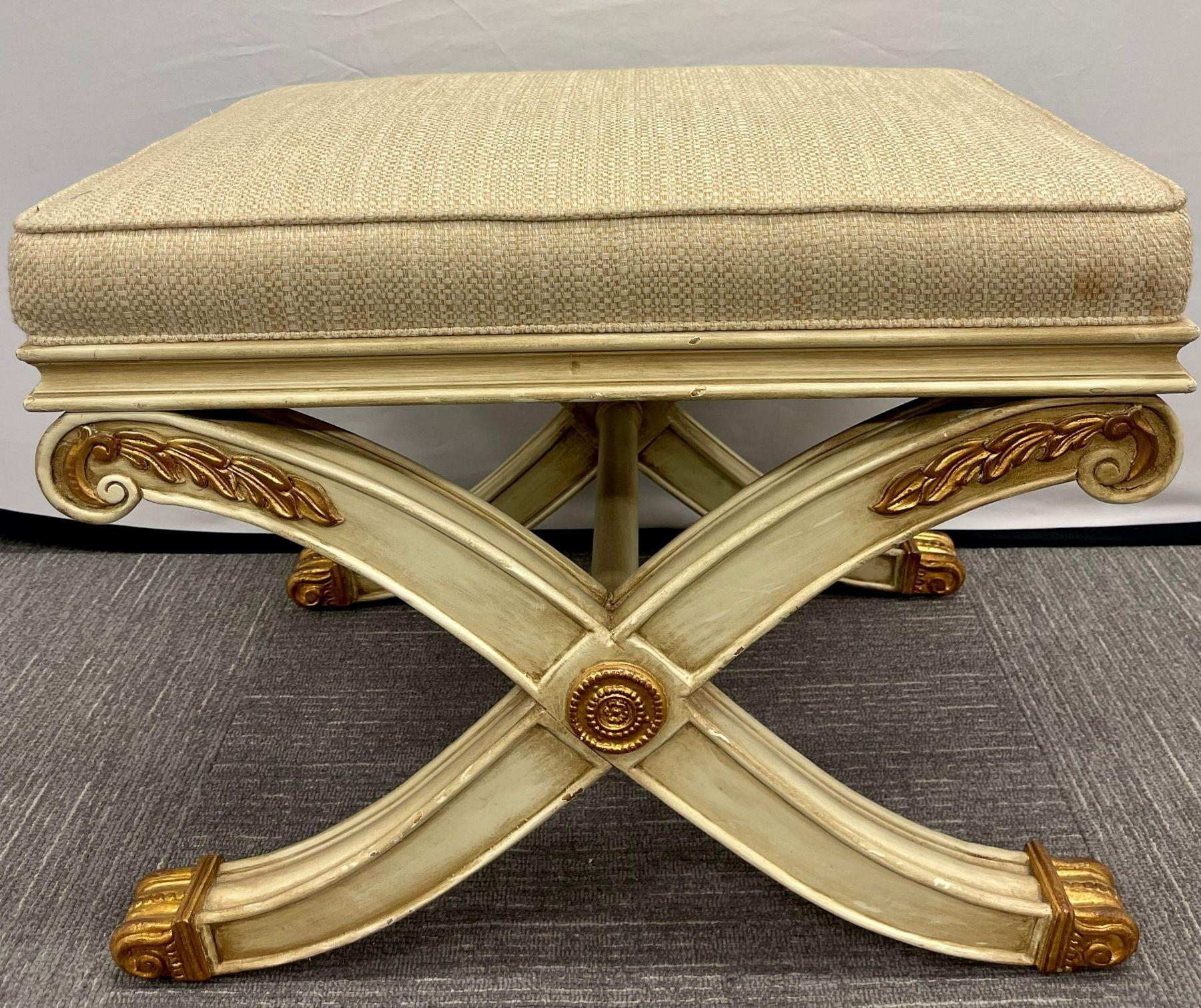 Pair of Maison Jansen Style X-Form Benches or Footstools Ivory and Parcel Gilt In Good Condition For Sale In Stamford, CT
