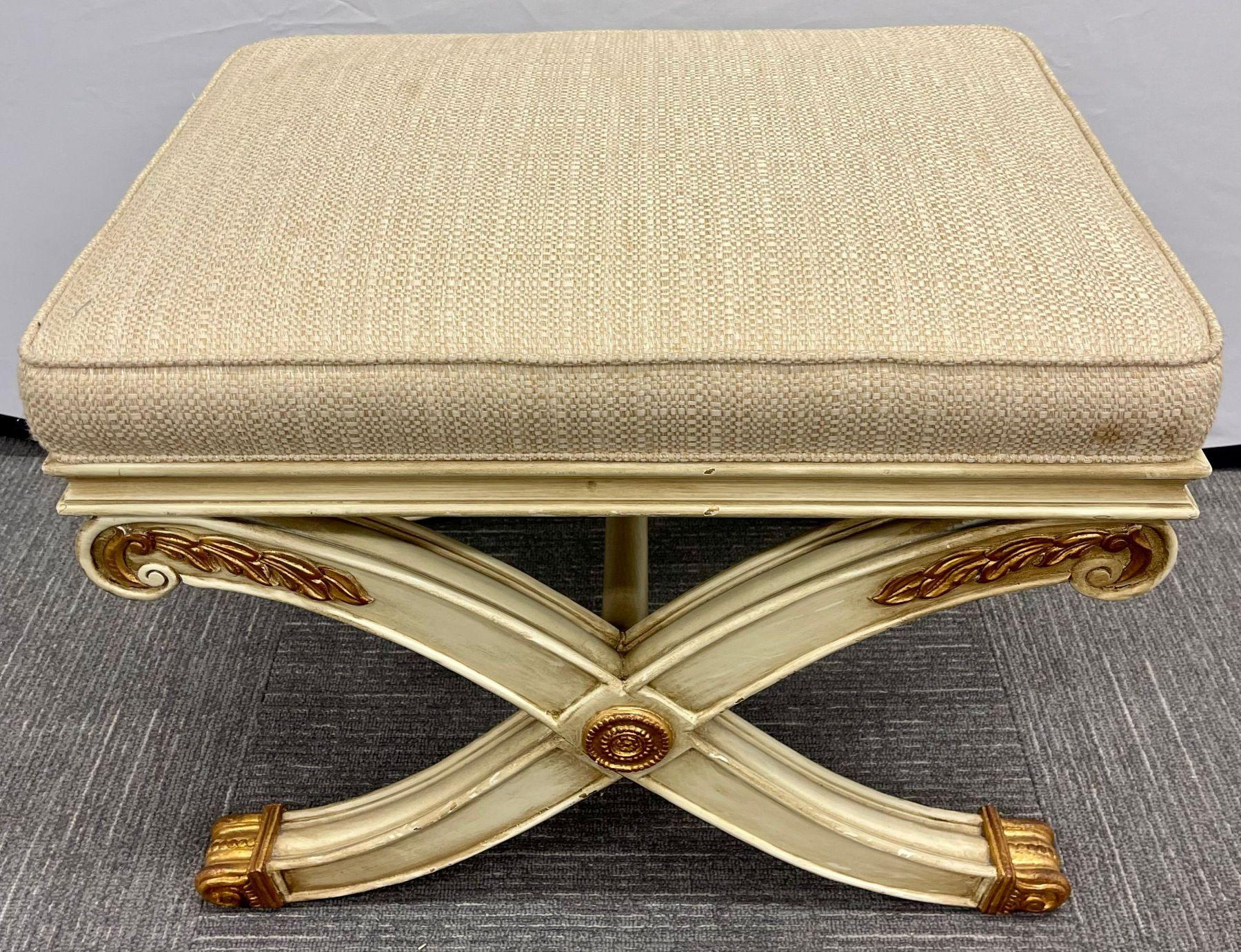 Mid-20th Century Pair of Maison Jansen Style X-Form Benches or Footstools Ivory and Parcel Gilt For Sale