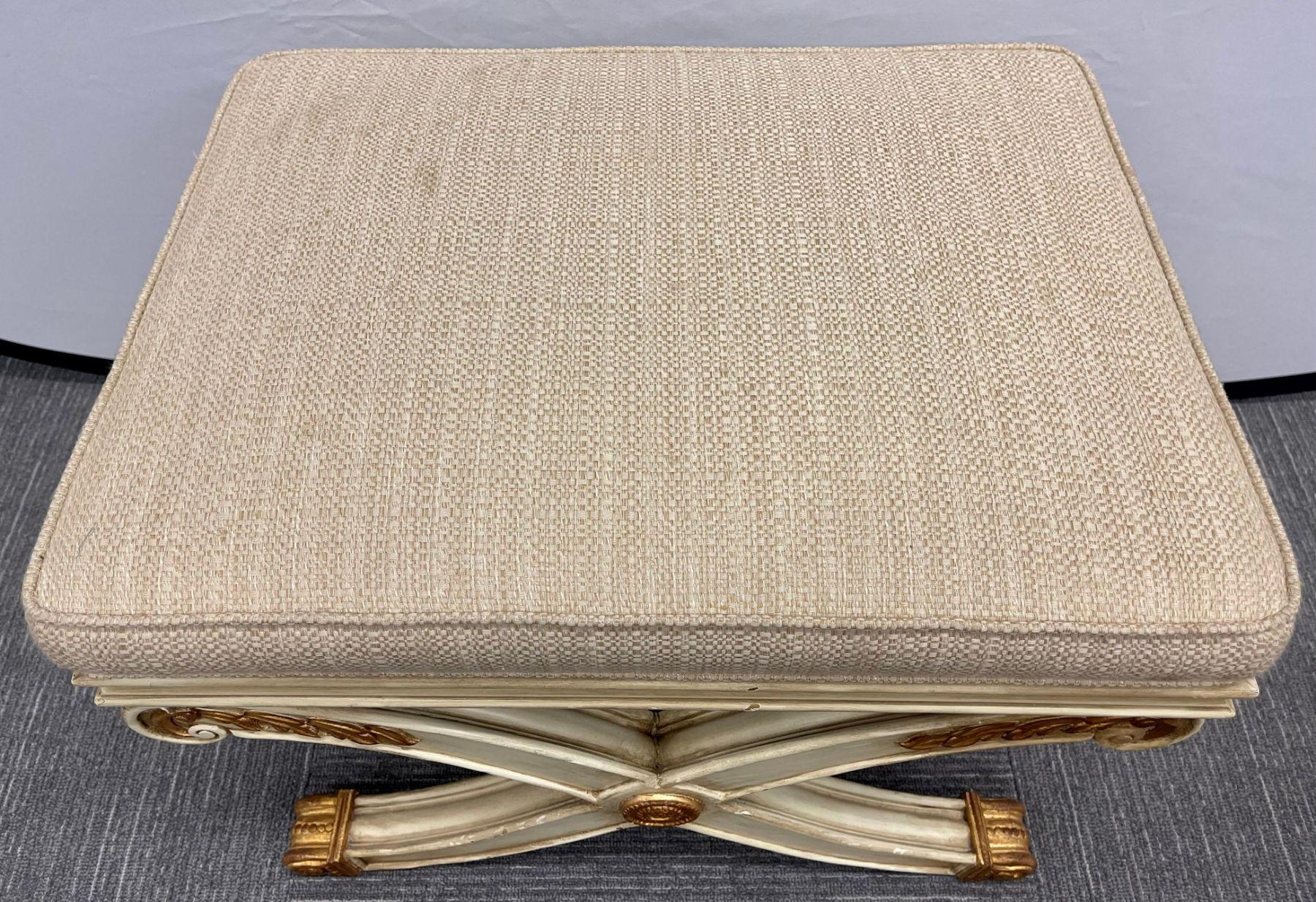 Pair of Maison Jansen Style X-Form Benches or Footstools Ivory and Parcel Gilt For Sale 1