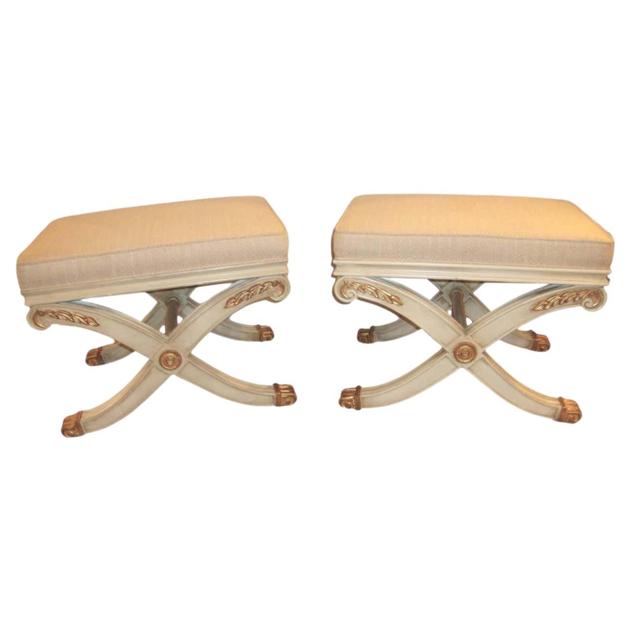 Pair of Maison Jansen Style X-Form Benches or Footstools Ivory and Parcel Gilt For Sale
