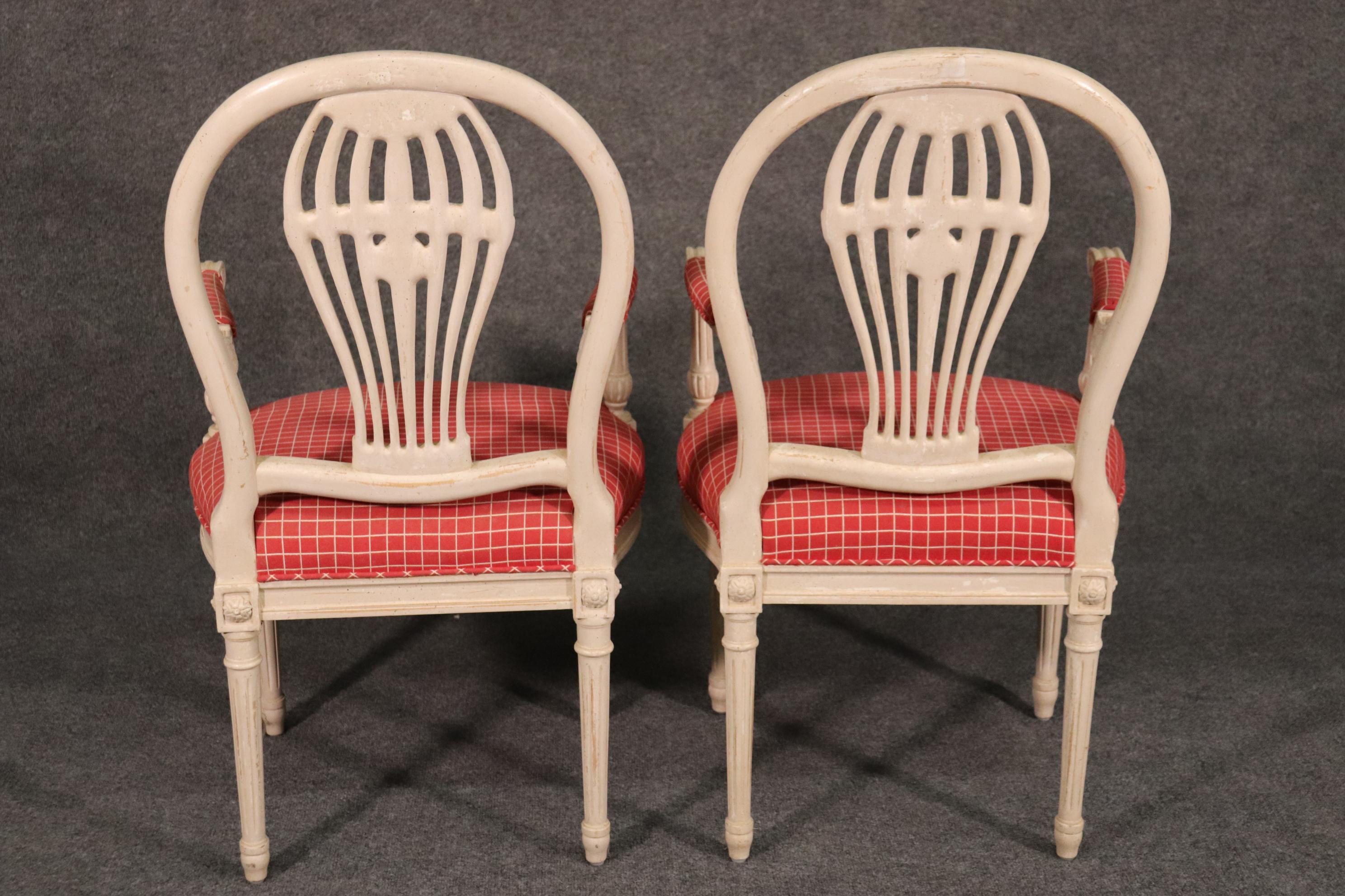 French Pair of Maison Jansen White Paint Decorated Dining Armchairs, C1950