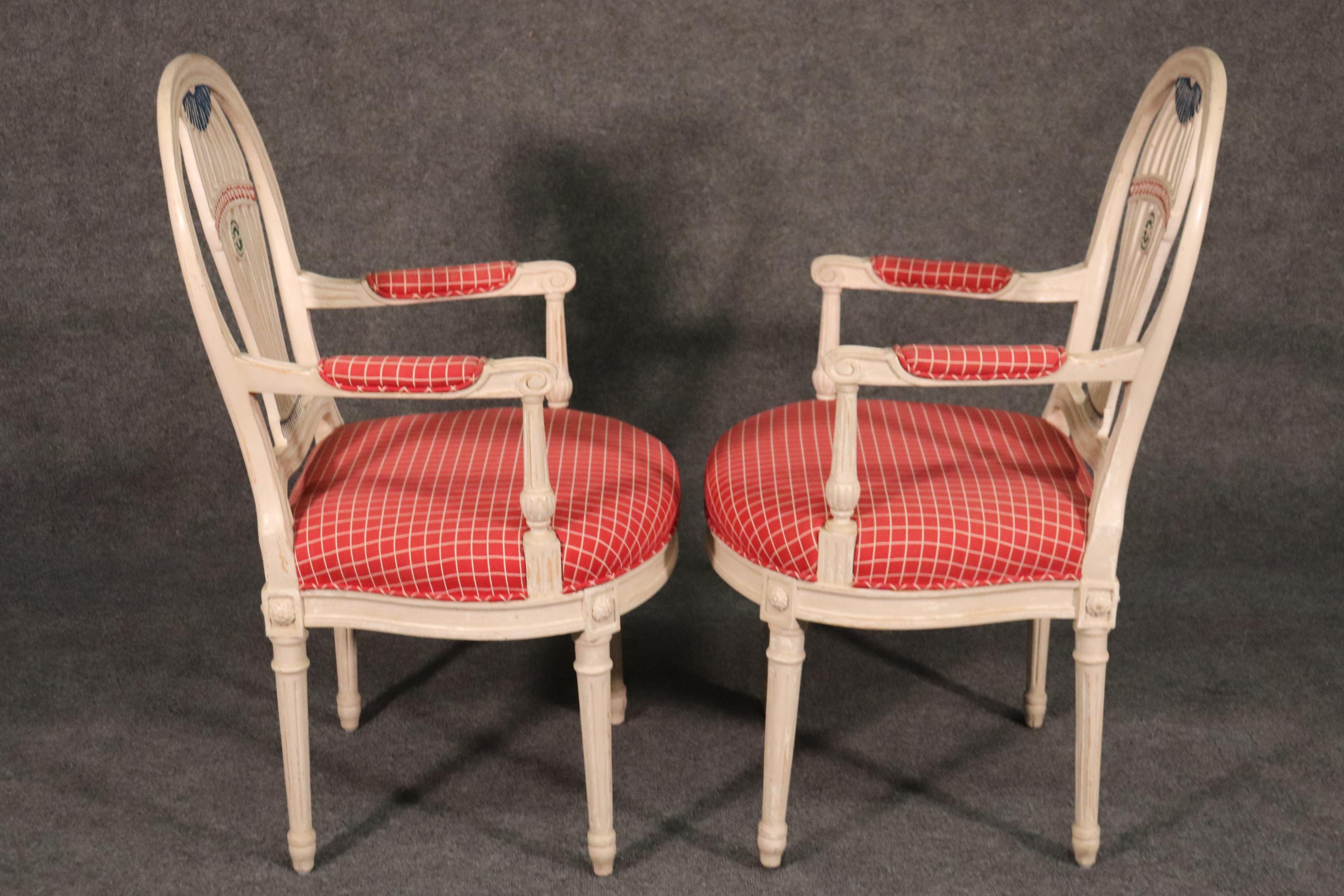 Pair of Maison Jansen White Paint Decorated Dining Armchairs, C1950 In Good Condition In Swedesboro, NJ
