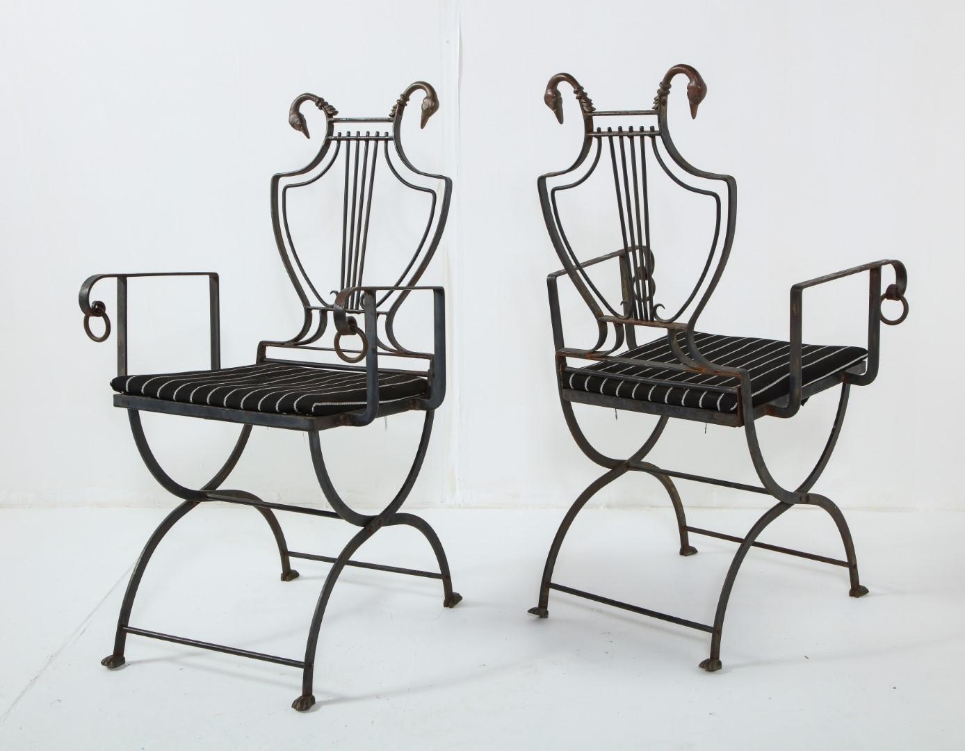 Pair of Maison Jansen Wrought Iron Lyre-Back Arm Chairs with Swan Heads 6
