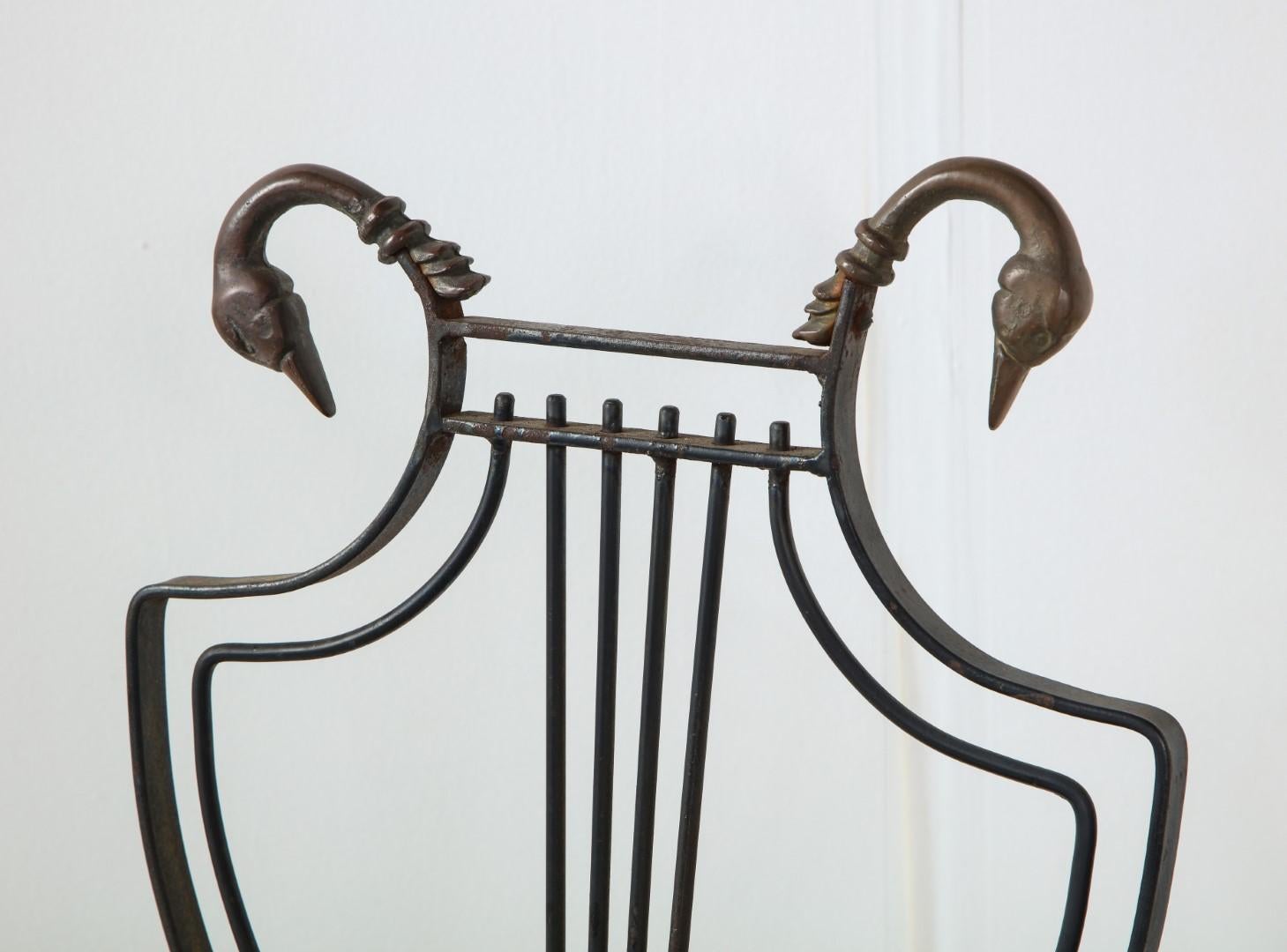 Pair of Maison Jansen Wrought Iron Lyre-Back Arm Chairs with Swan Heads 7