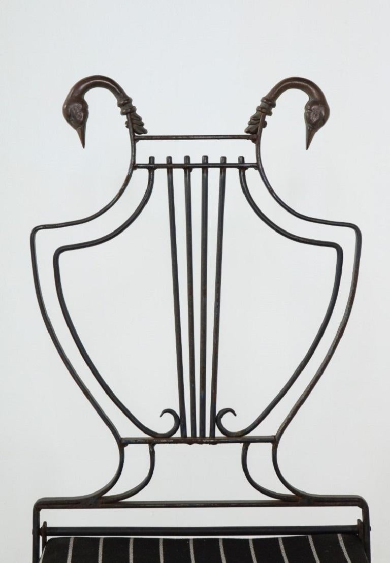 Pair of Maison Jansen Wrought Iron Lyre-Back Arm Chairs with Swan Heads 10