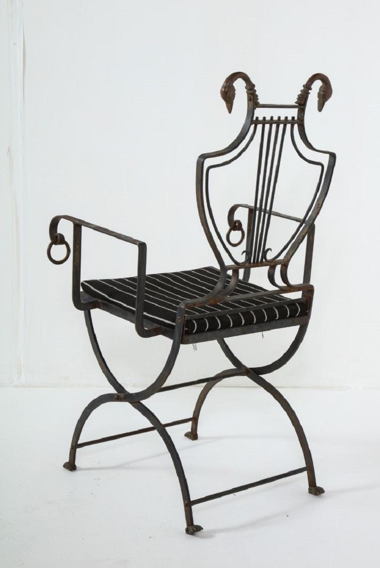 Pair of Maison Jansen Wrought Iron Lyre-Back Arm Chairs with Swan Heads 12