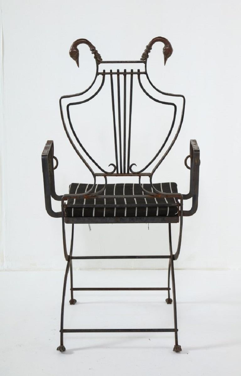 Pair of Maison Jansen Wrought Iron Lyre-Back Arm Chairs with Swan Heads 13