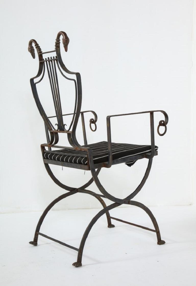 Pair of Maison Jansen Wrought Iron Lyre-Back Arm Chairs with Swan Heads 14