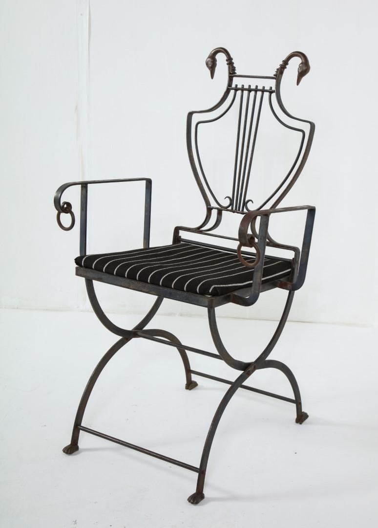 Italian Pair of Maison Jansen Wrought Iron Lyre-Back Arm Chairs with Swan Heads