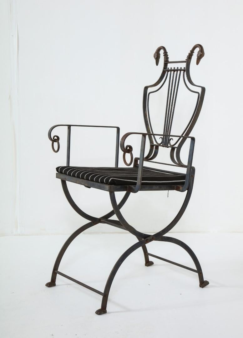 Pair of Maison Jansen Wrought Iron Lyre-Back Arm Chairs with Swan Heads 2