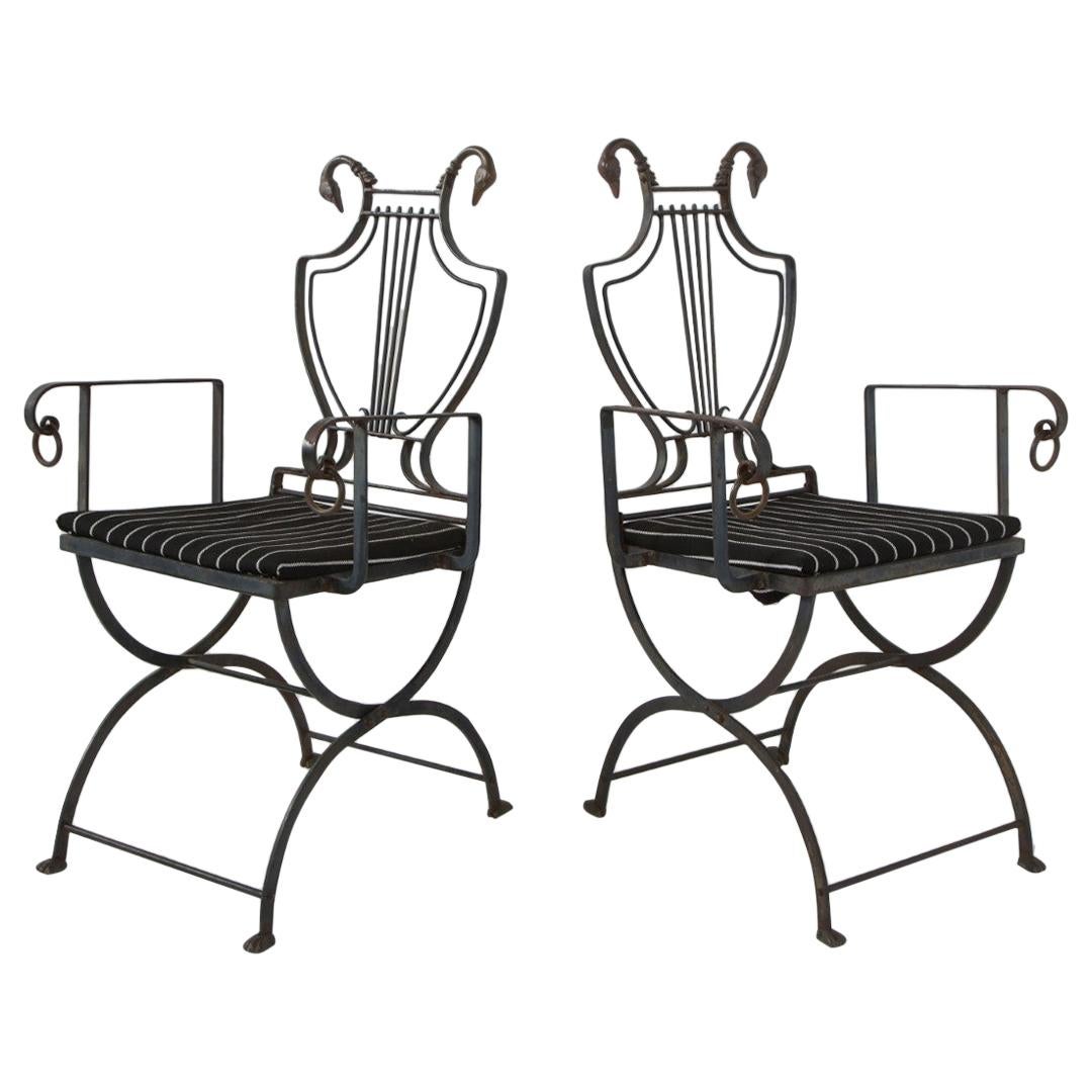 Pair of Maison Jansen Wrought Iron Lyre-Back Arm Chairs with Swan Heads