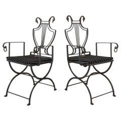 Pair of Maison Jansen Wrought Iron Lyre-Back Arm Chairs with Swan Heads