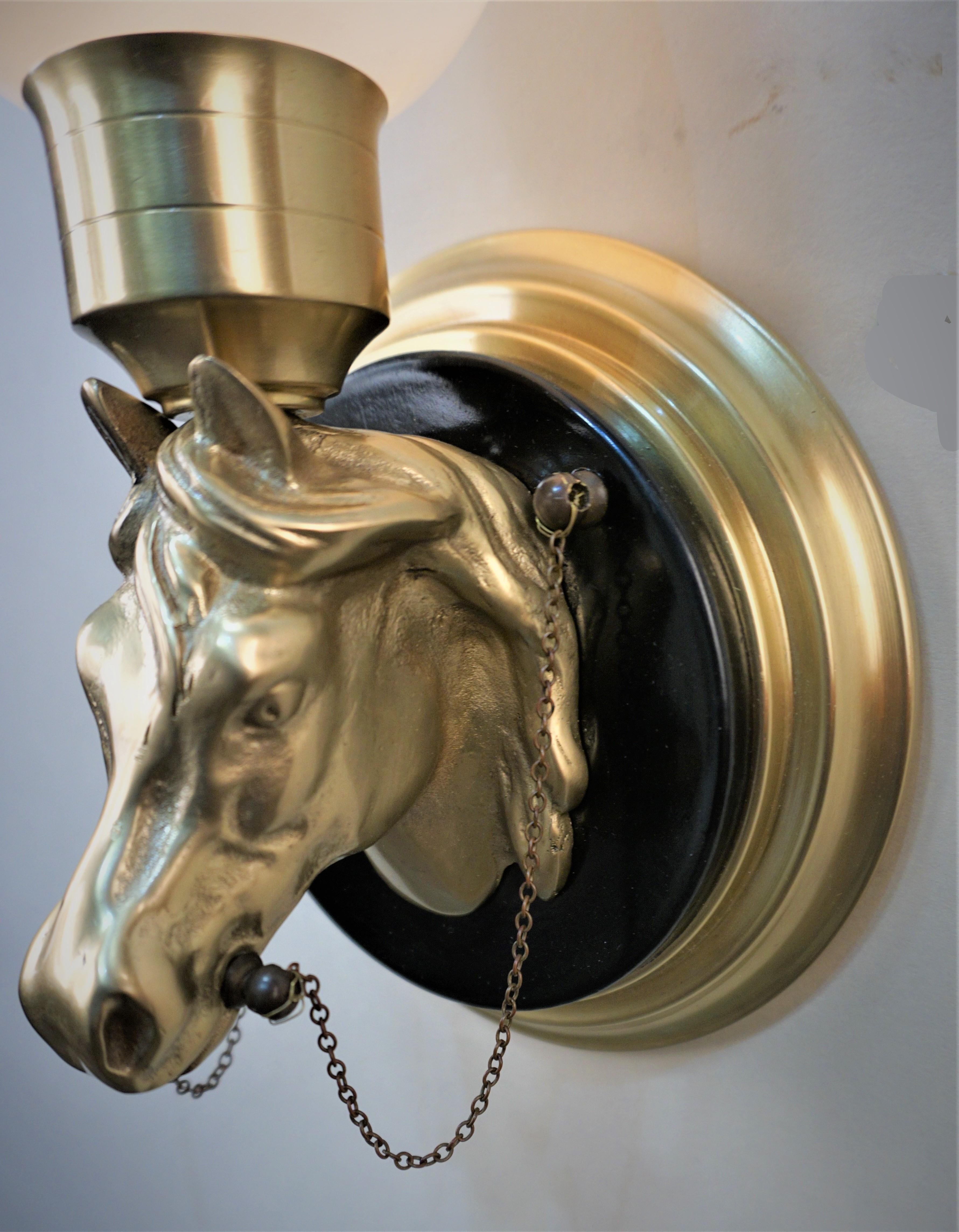 French Pair of Maison Lancel Bronze Horse Head Wall Sconces For Sale