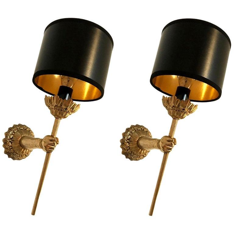French Pair of Maison Lancel Sconces Brass Hand Holding Torch 