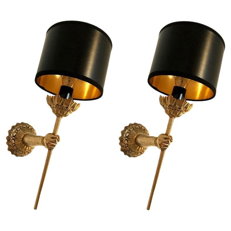 Pair of Maison Lancel Sconces Brass Hand Holding Torch  For Sale