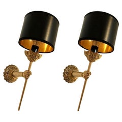Pair of Maison Lancel Sconces Brass Hand Holding Torch Black & Gold Shade