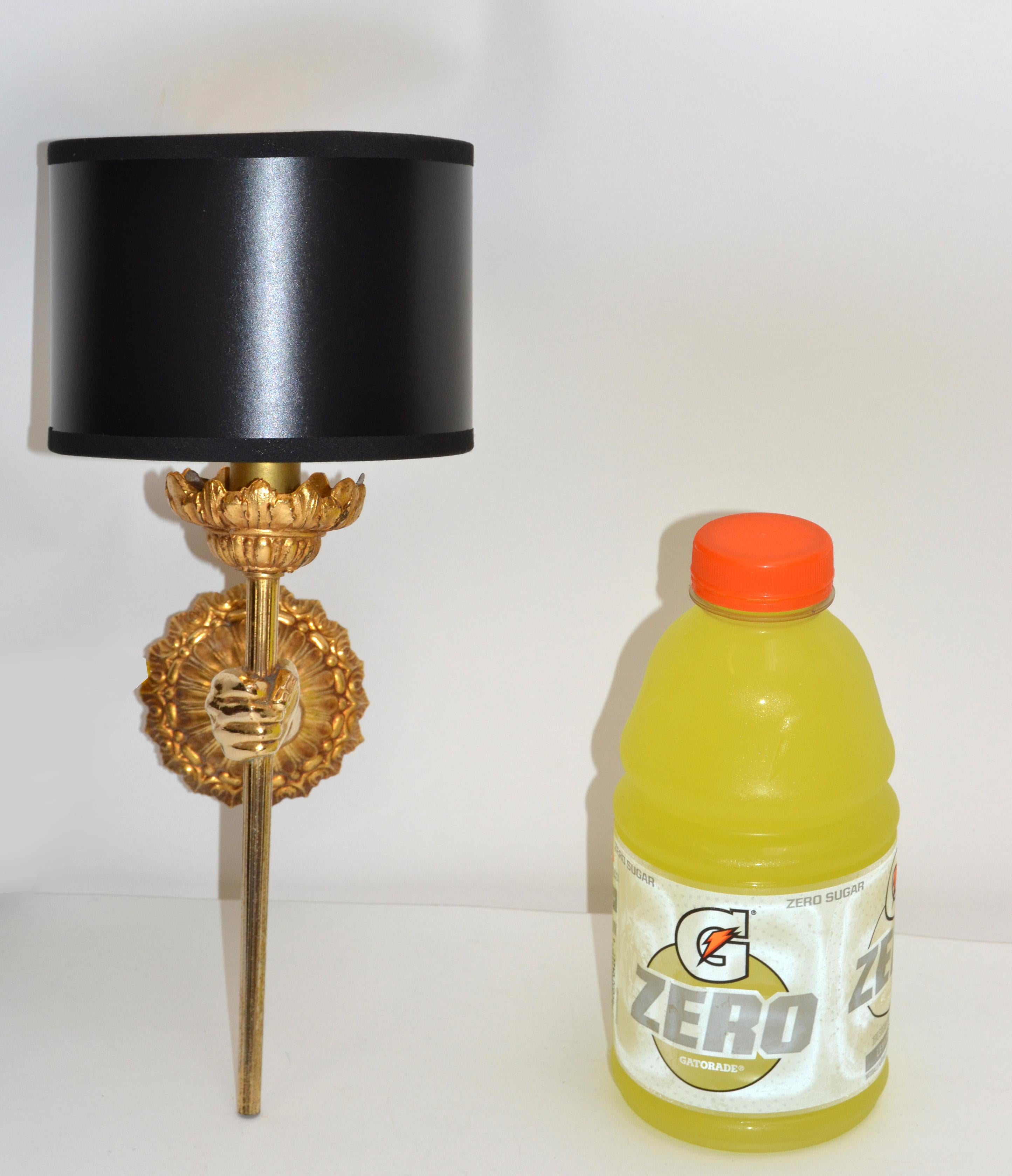Pair of Maison Lancel Sconces Brass Hand Holding Torch In Good Condition For Sale In Miami, FL