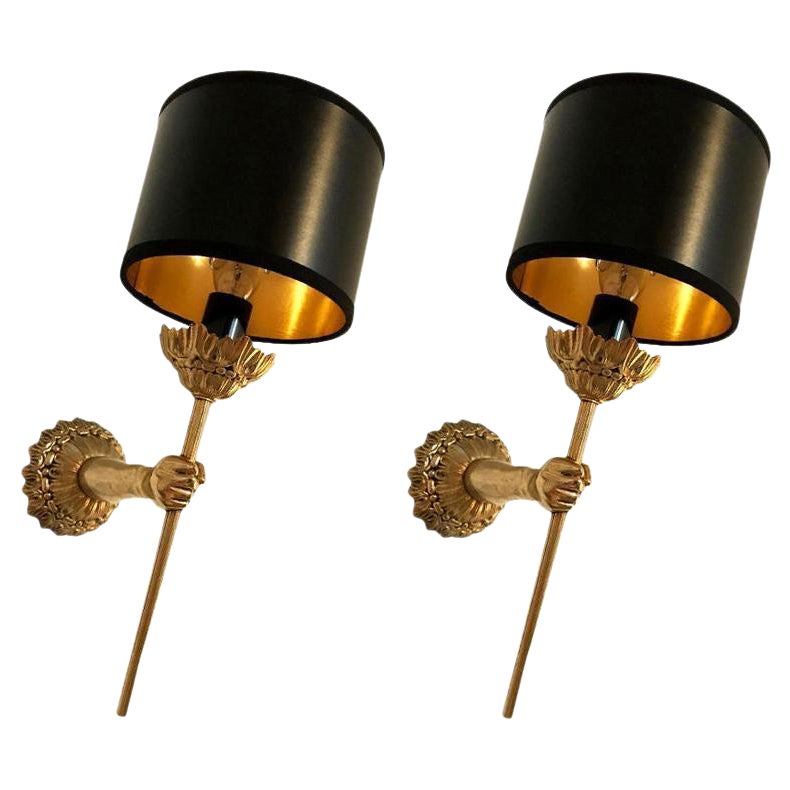 Pair of Maison Lancel Sconces Brass Hand Holding Torch