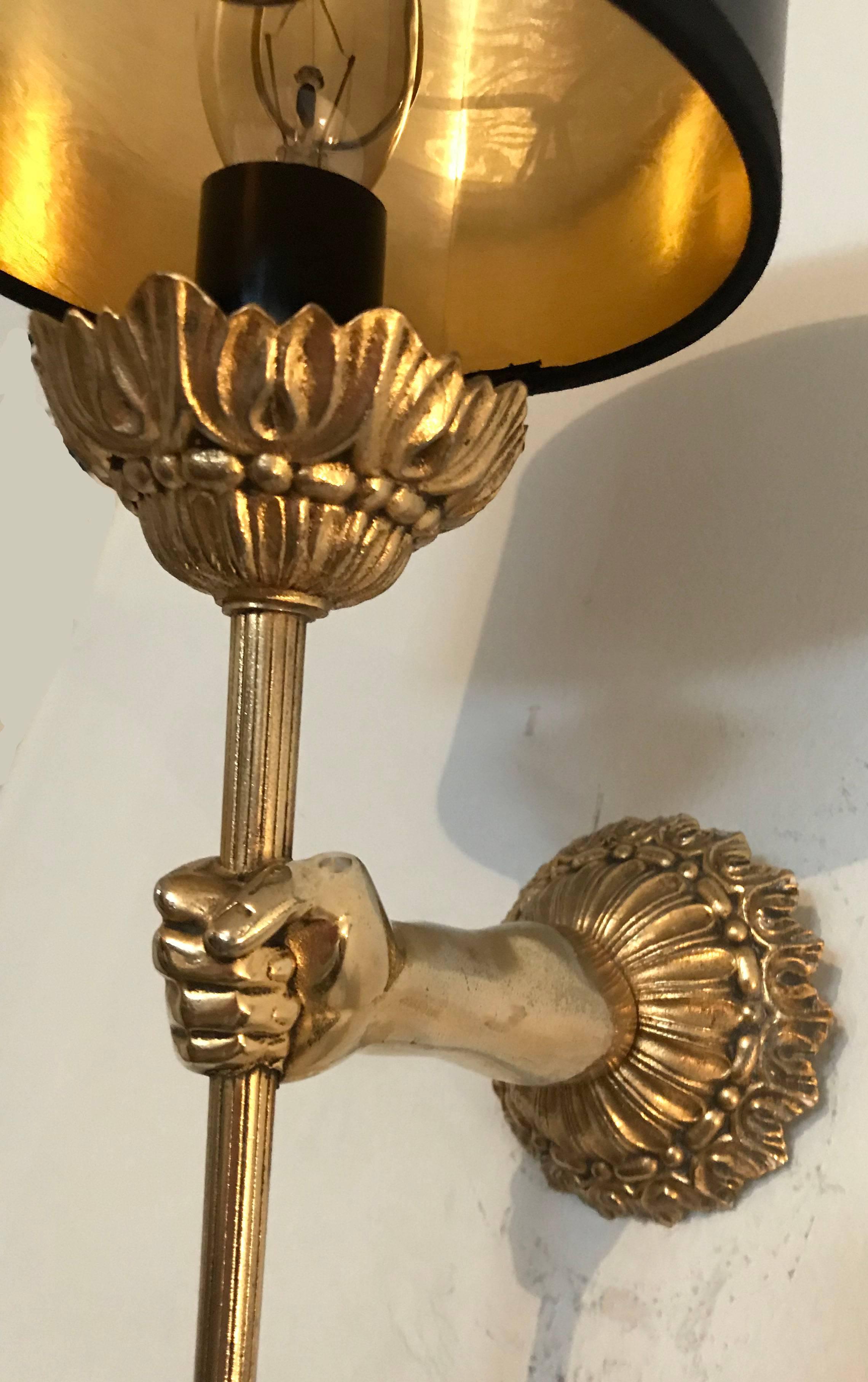 Pair of  French Maison Lancel  Brass Hand Sconces In Good Condition In Miami, FL