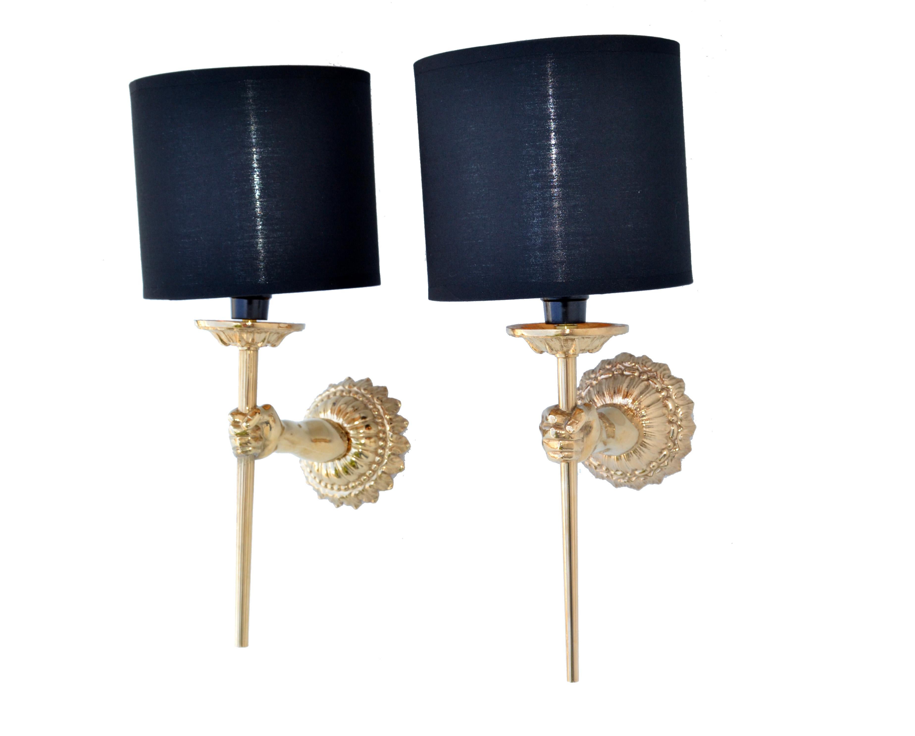 Pair of Maison Lancel Sconces Gold Plated Hand Sconces Torch & Shade France 1960 5