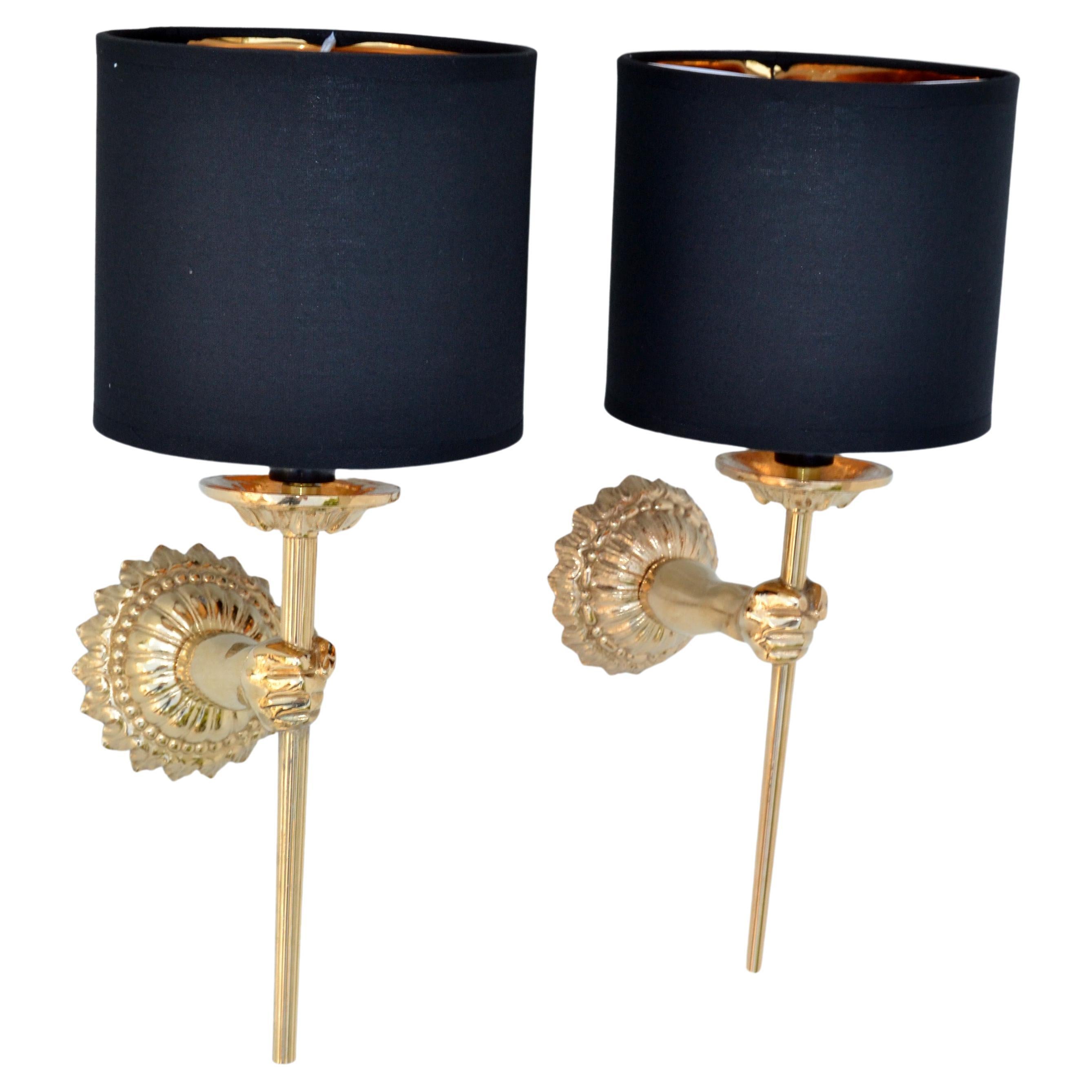 Pair of Maison Lancel gold plated hand sconces, wall lights with gold & black fabric shades.
Mid-Century Modern Neoclassical Design from France and made in the 1960.
US rewired and in working condition, each Sconce takes a max. 40 watts candelabra
