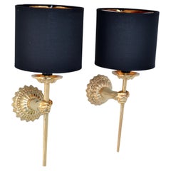 Pair of Maison Lancel Sconces Gold Plated Hand Sconces Torch & Shade France 1960