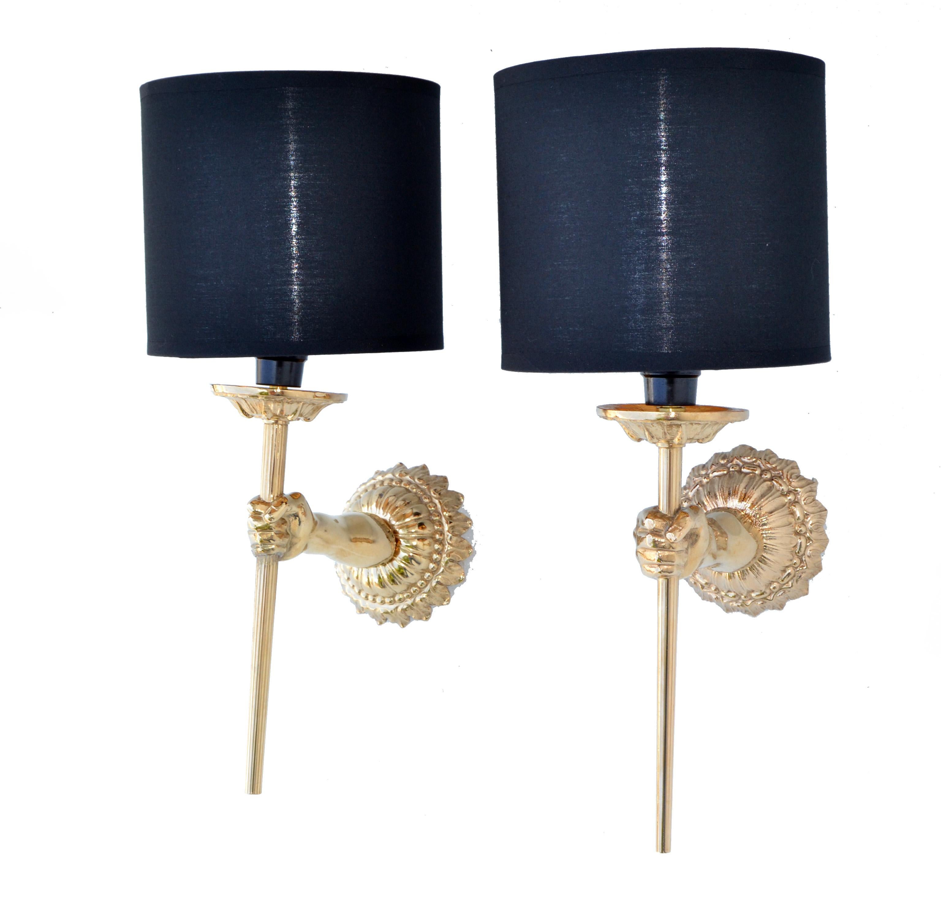 Neoclassical Pair of Maison Lancel Sconces Gold Plated Hand Sconces Torch & Shade France 1960