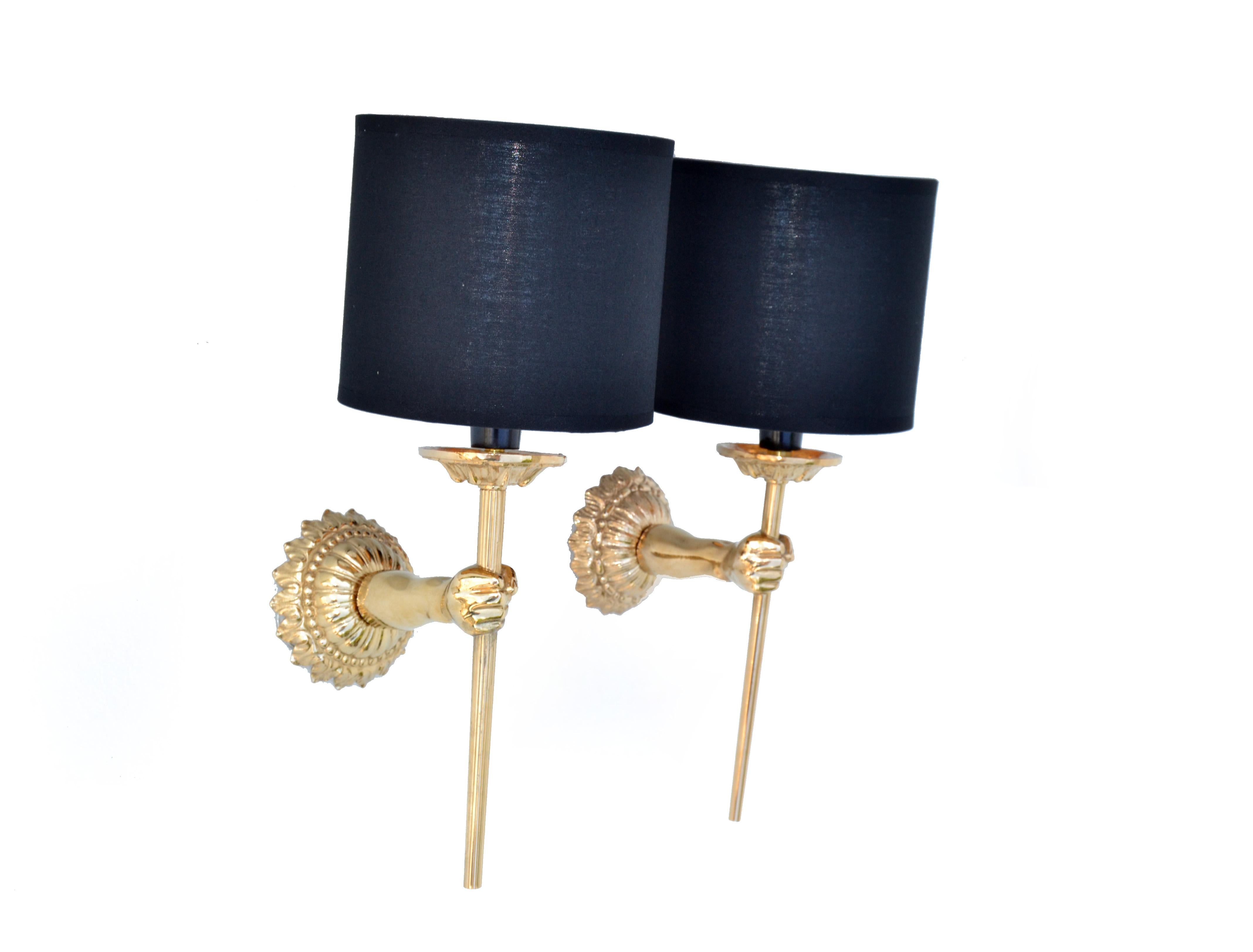 French Pair of Maison Lancel Sconces Gold Plated Hand Sconces Torch & Shade France 1960