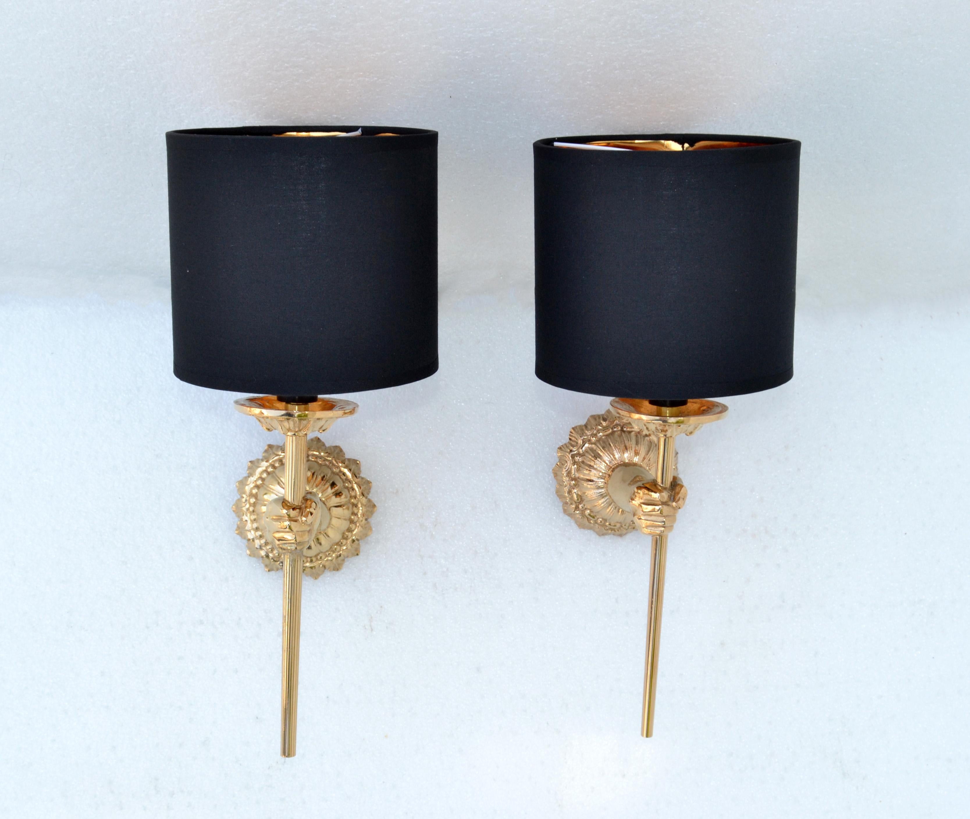 Polished Pair of Maison Lancel Sconces Gold Plated Hand Sconces Torch & Shade France 1960
