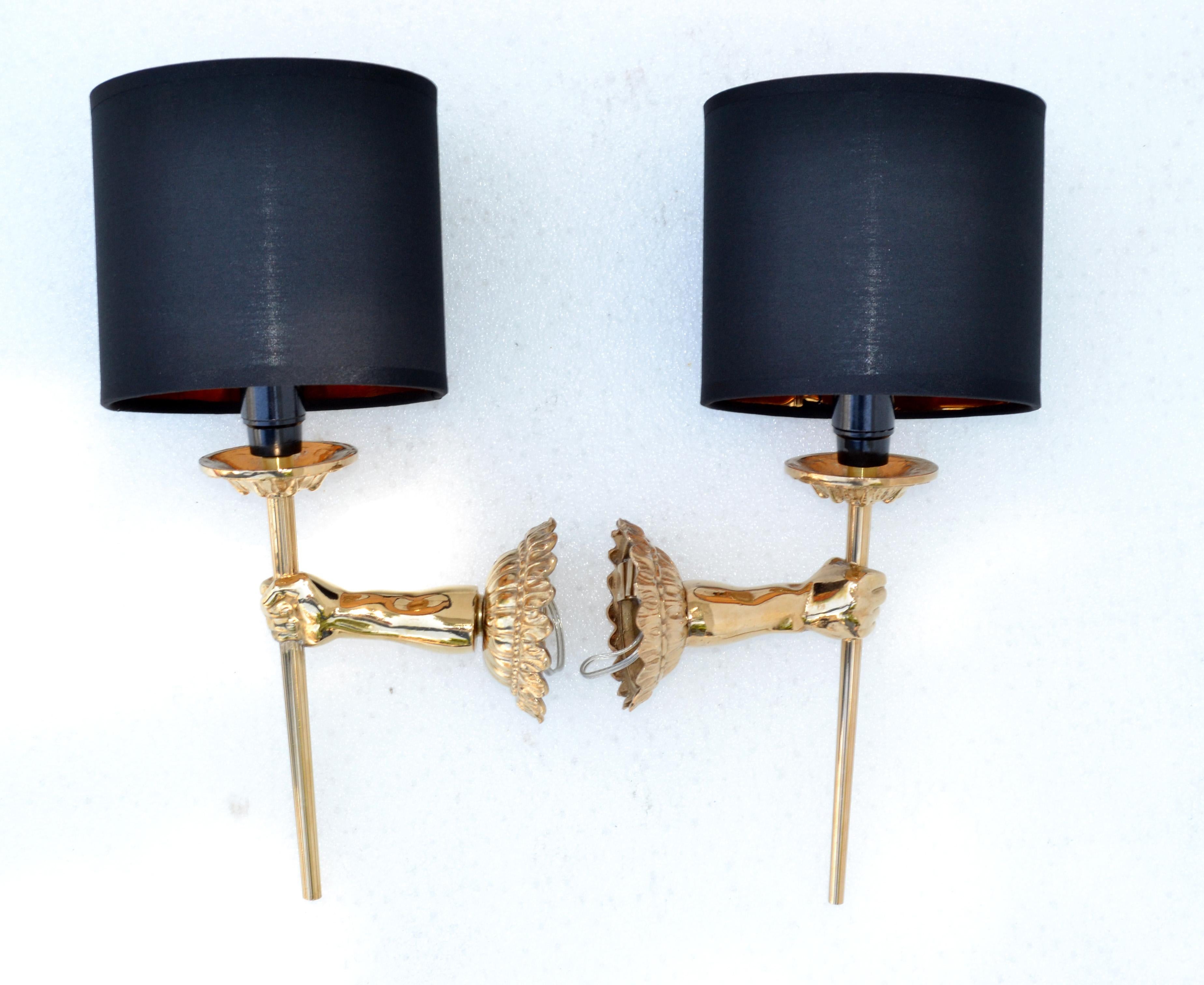 Pair of Maison Lancel Sconces Gold Plated Hand Sconces Torch & Shade France 1960 In Good Condition In Miami, FL