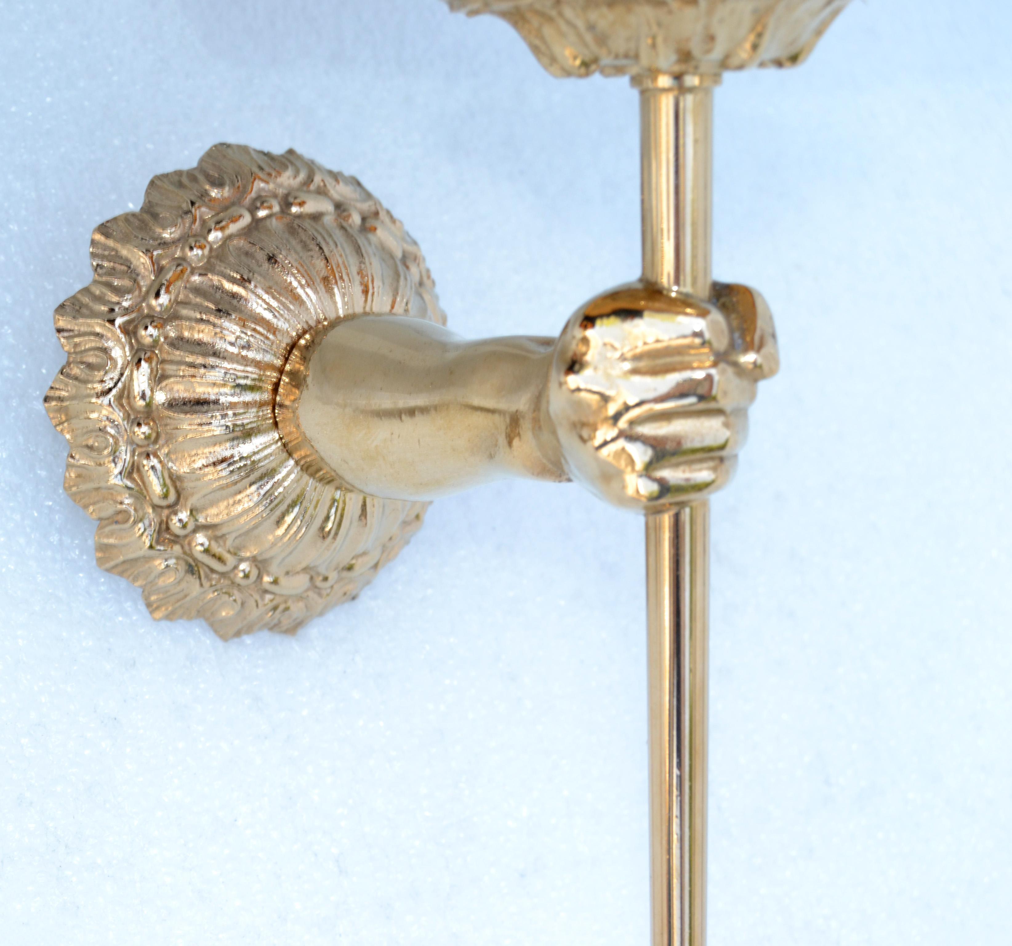Mid-20th Century Pair of Maison Lancel Sconces Gold Plated Hand Sconces Torch & Shade France 1960