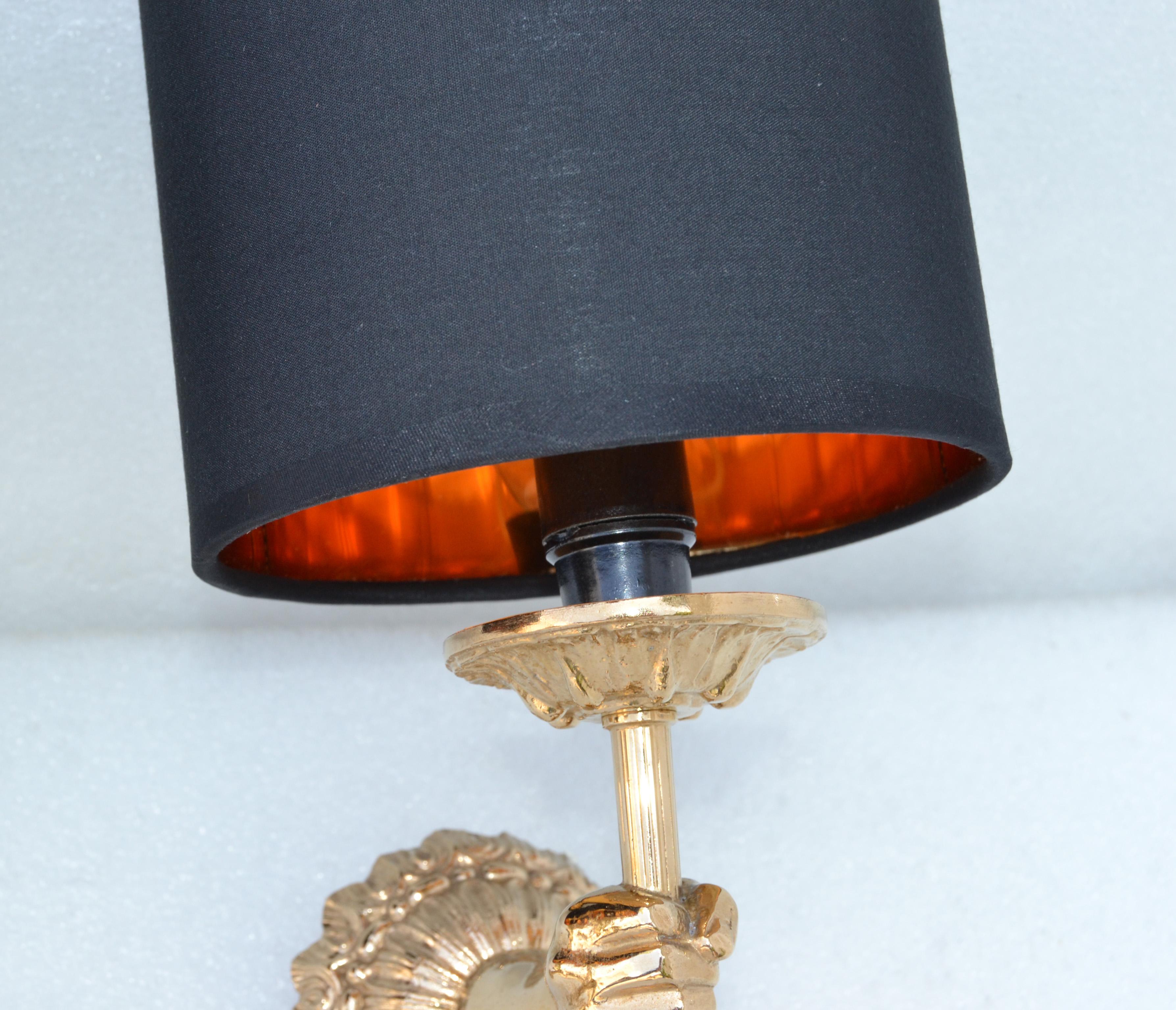 Brass Pair of Maison Lancel Sconces Gold Plated Hand Sconces Torch & Shade France 1960