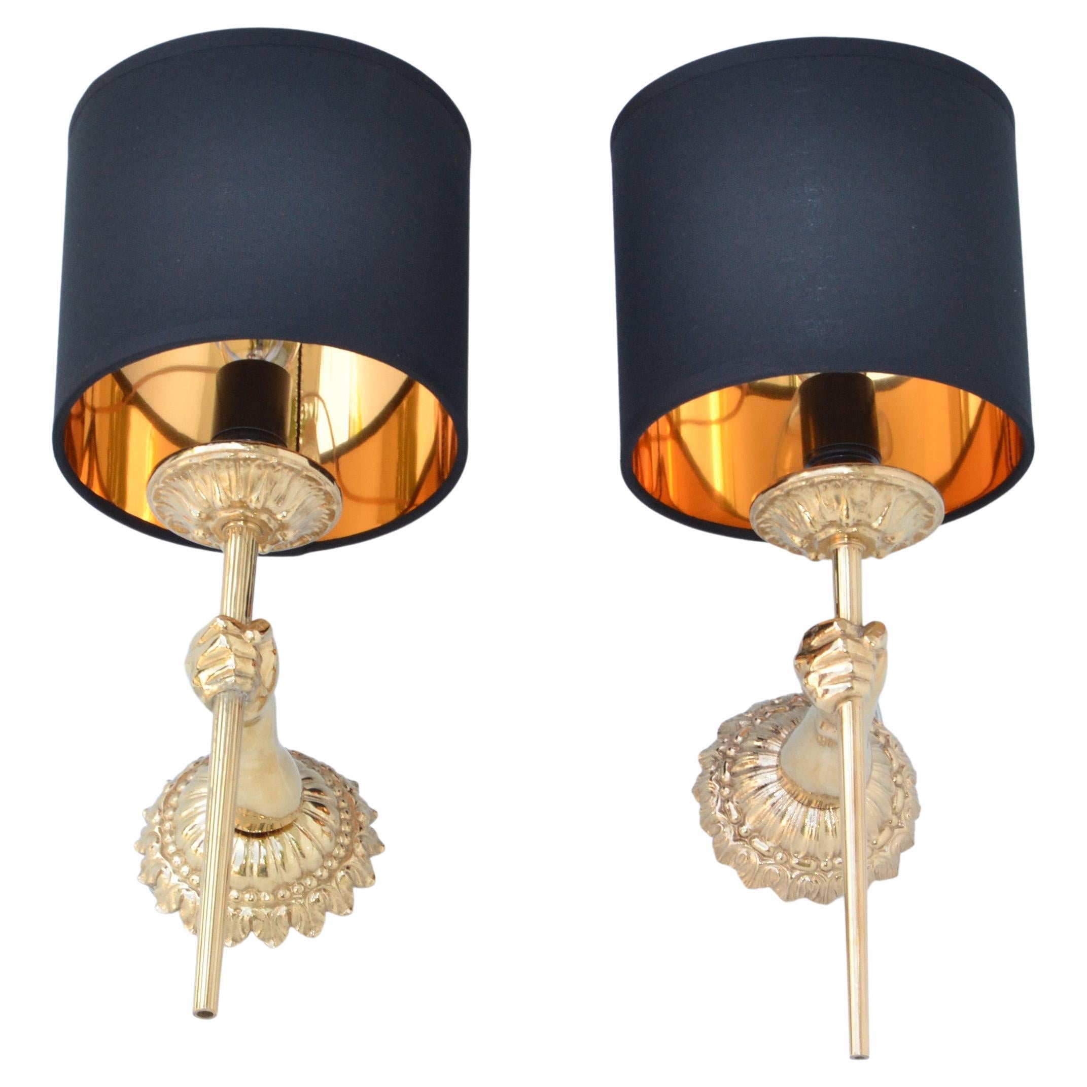 Pair of Maison Lancel Sconces Gold Plated Hand Sconces Torch & Shade France 1960