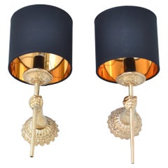 Pair of Maison Lancel Sconces Gold Plated Hand Sconces Torch & Shade France 1960
