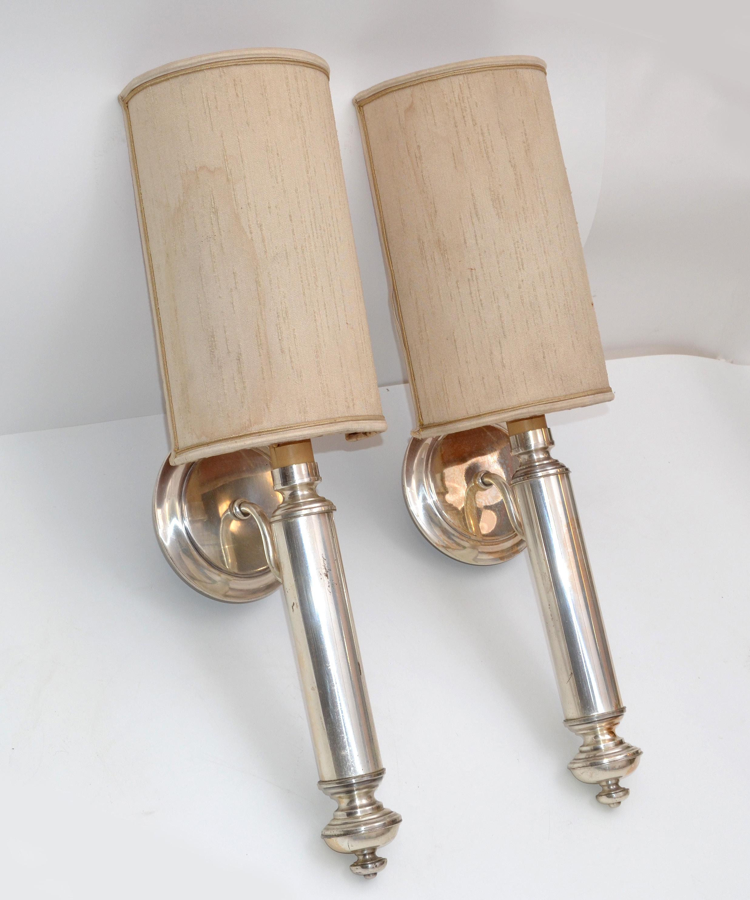 French Pair of Maison Lancel Silvered Brass Sconces For Sale