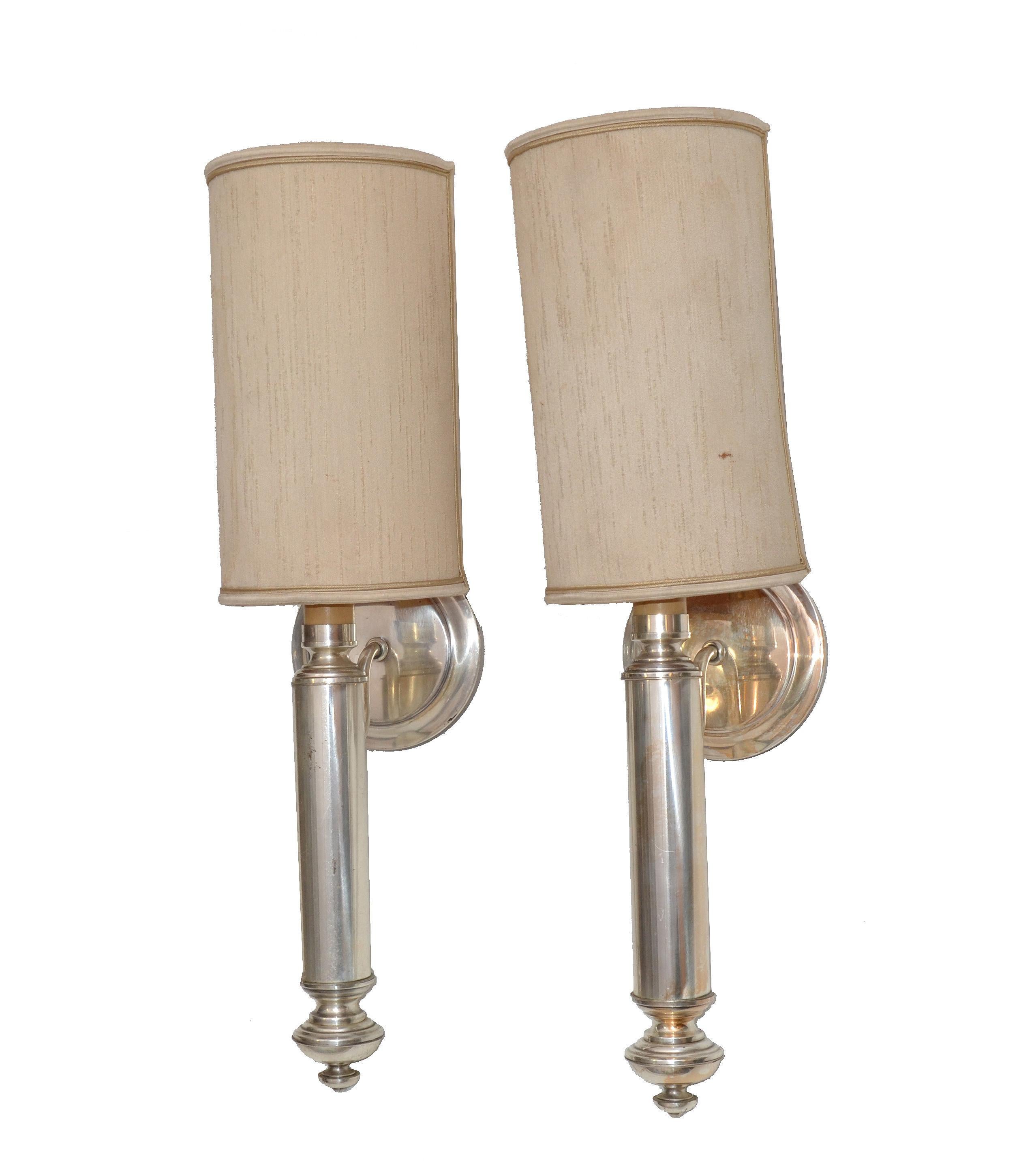Pair of Maison Lancel Silvered Brass Sconces In Good Condition For Sale In Miami, FL