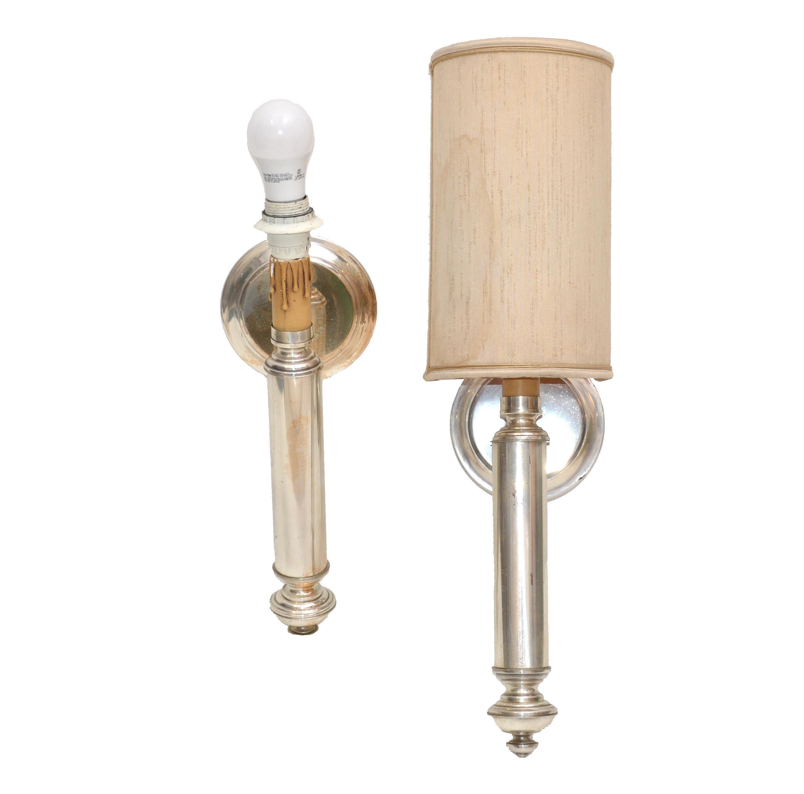 Late 20th Century Pair of Maison Lancel Silvered Brass Sconces For Sale