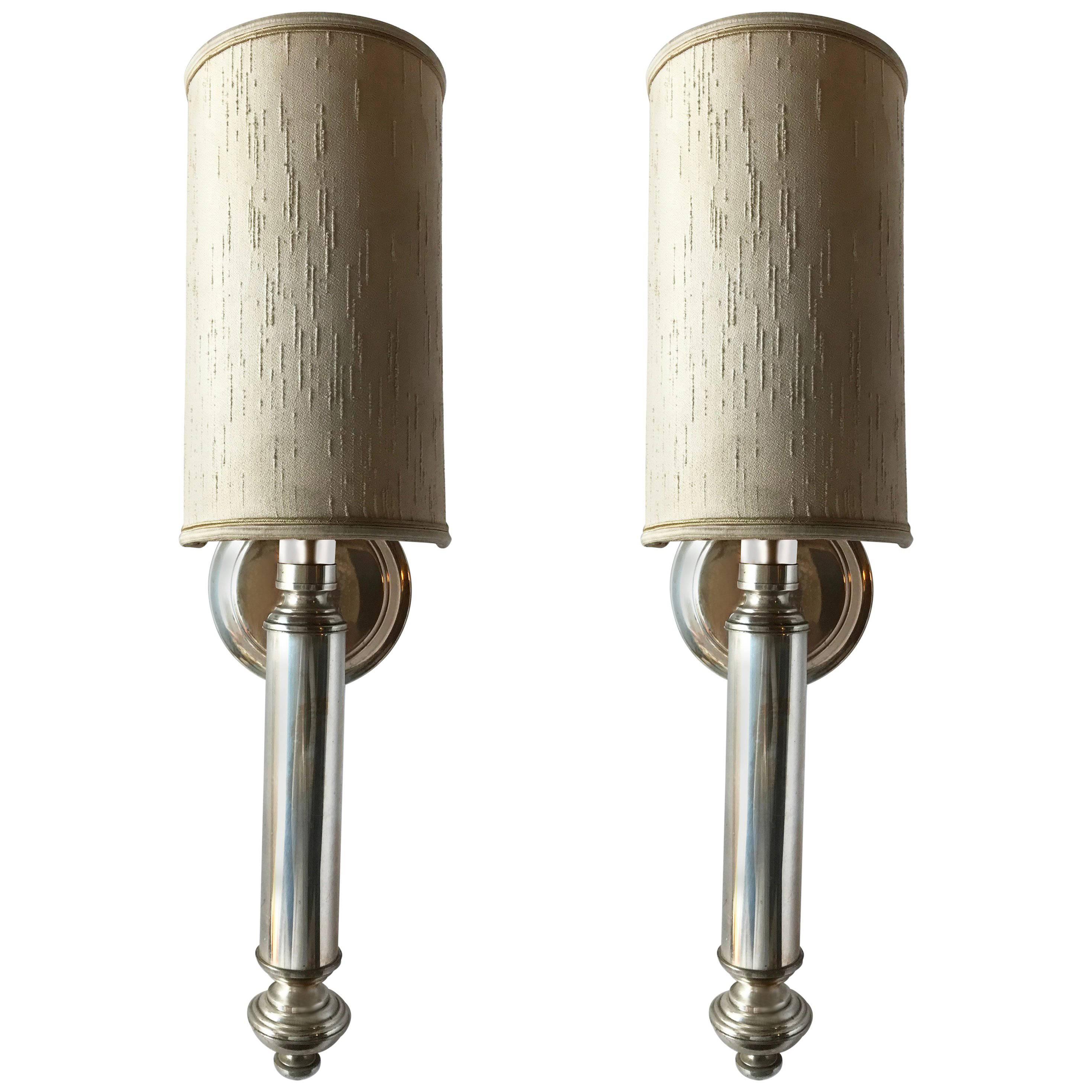 Pair of Maison Lancel Silvered Brass Sconces For Sale