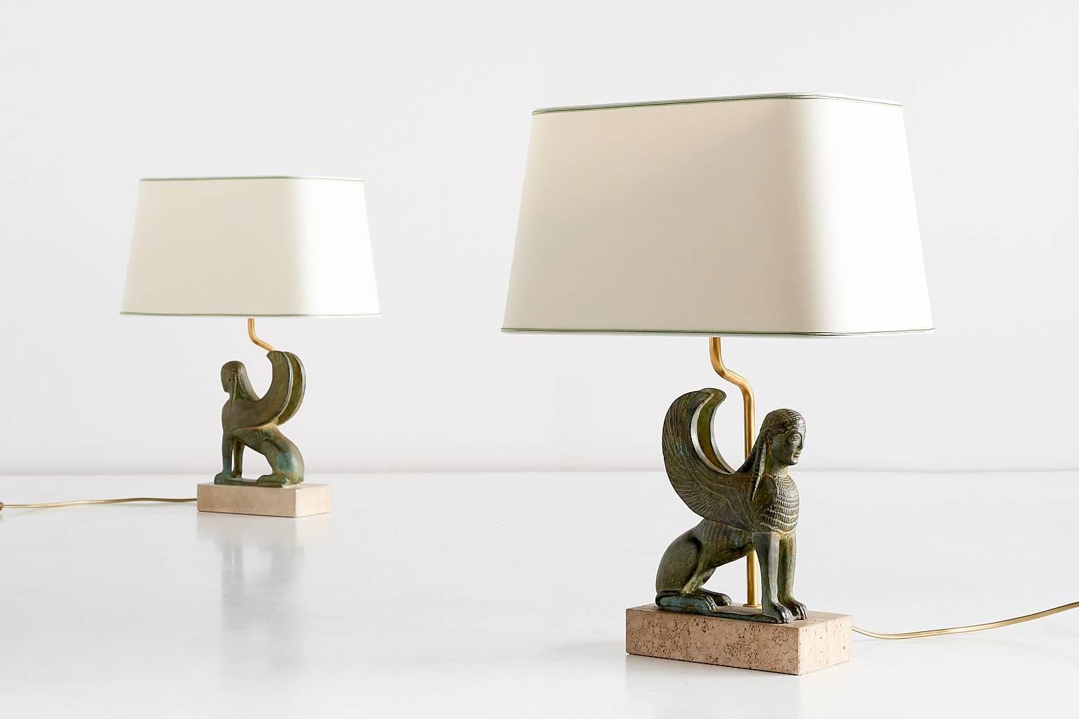 Hollywood Regency Pair of Maison Le Dauphin Sphinx Table Lamps, France, 1970s