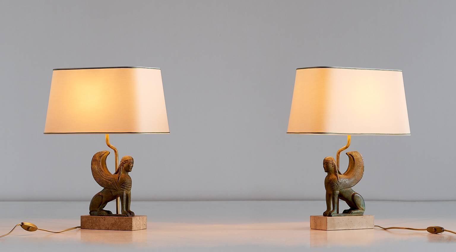 Brass Pair of Maison Le Dauphin Sphinx Table Lamps, France, 1970s
