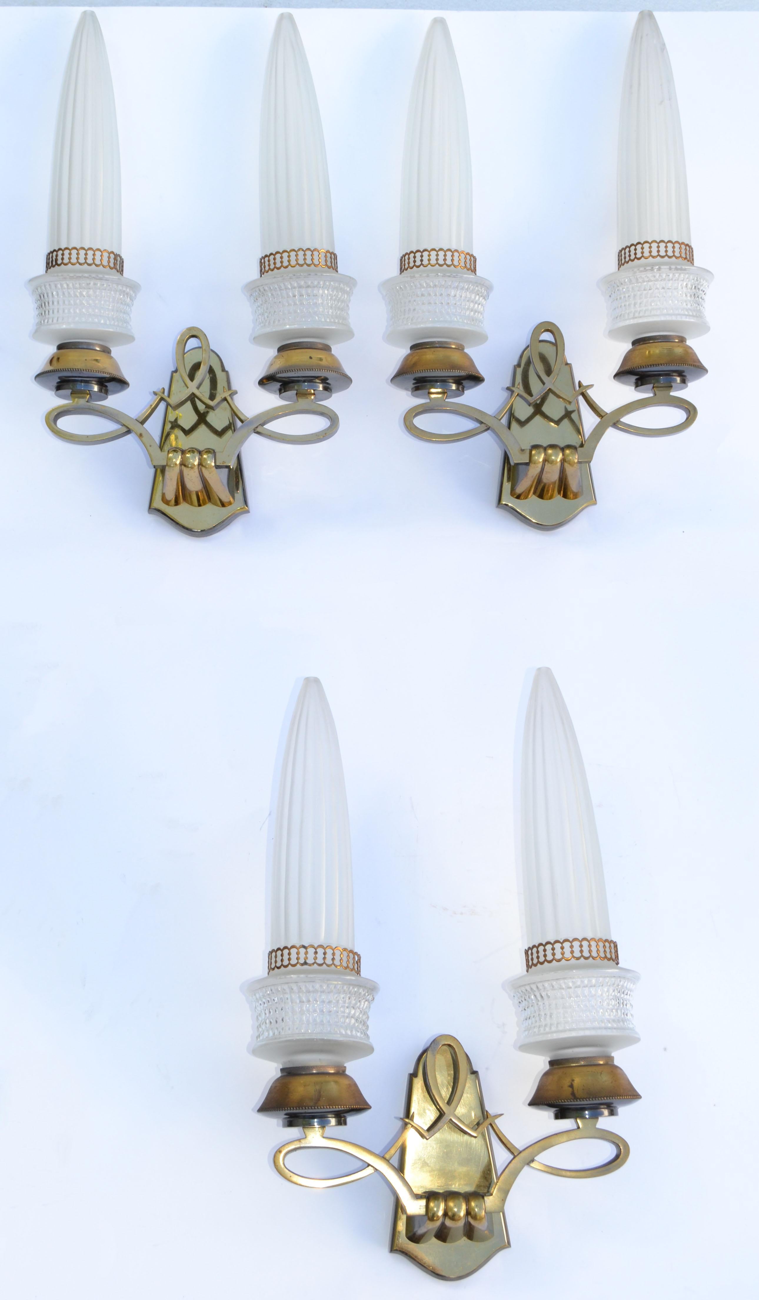 Pair of Maison Liberos Paris Art Deco Bronze & Glass Shade Sconces, Wall Lamp In Good Condition For Sale In Miami, FL
