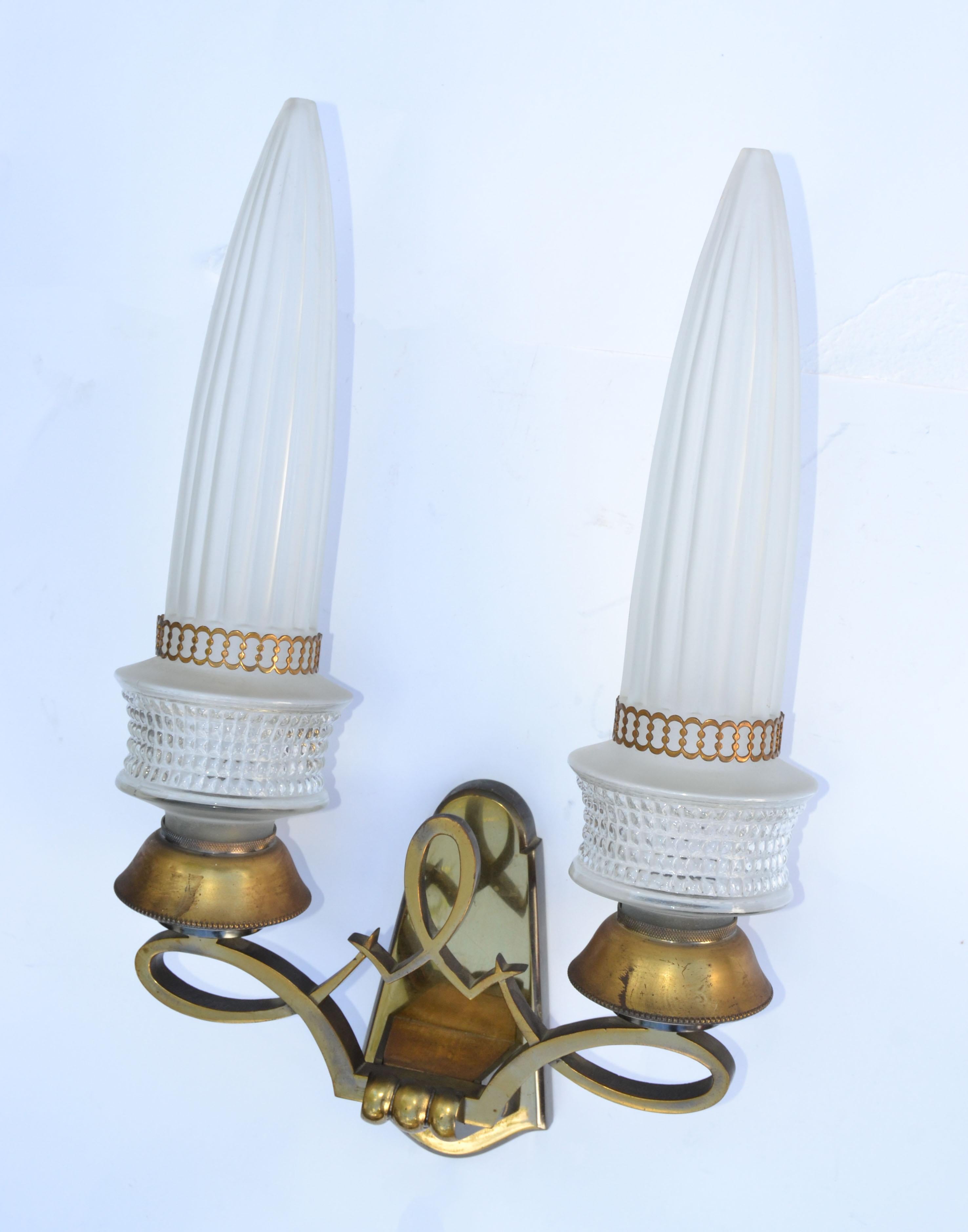 Brass Pair of Maison Liberos Paris Art Deco Bronze & Glass Shade Sconces, Wall Lamp For Sale