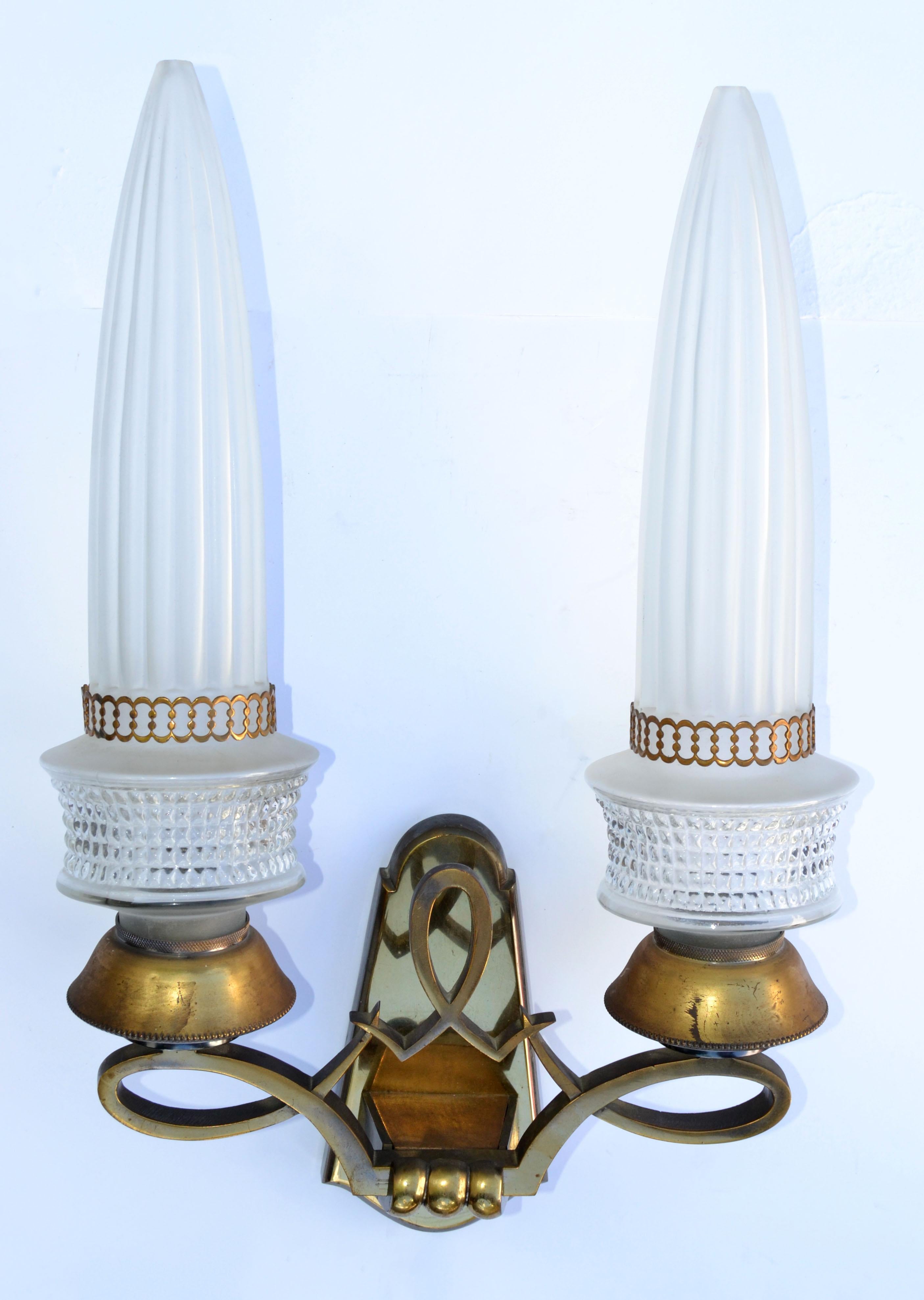 Pair of Maison Liberos Paris Art Deco Bronze & Glass Shade Sconces, Wall Lamp For Sale 1