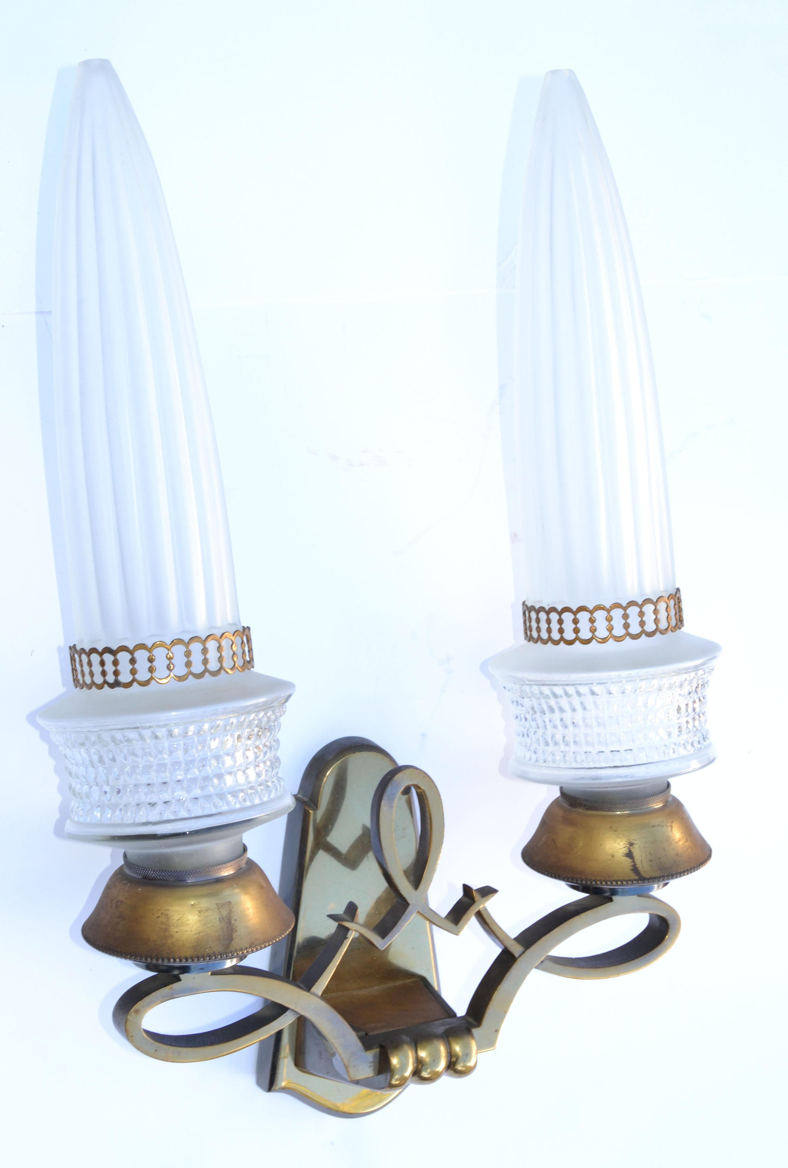 Pair of Maison Liberos Paris Art Deco Bronze & Glass Shade Sconces, Wall Lamp For Sale 2