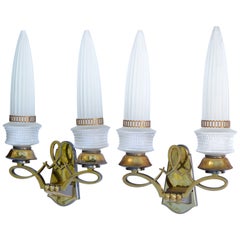 Pair of Maison Liberos Paris Art Deco Bronze & Glass Shade Sconces, Wall Lamp