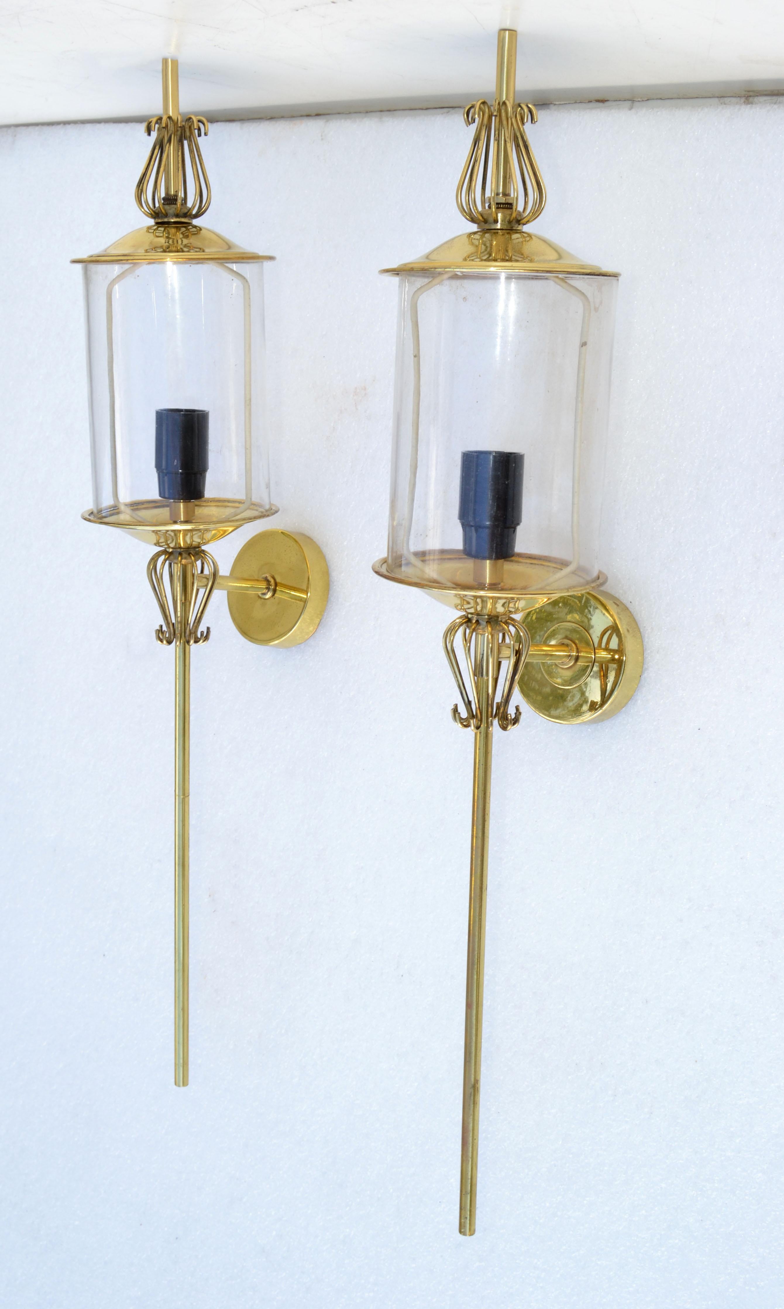 Mid-20th Century Pair of Maison Lunel Brass & Glass Sconces, Wall Lamp French Mid-Century Modern For Sale