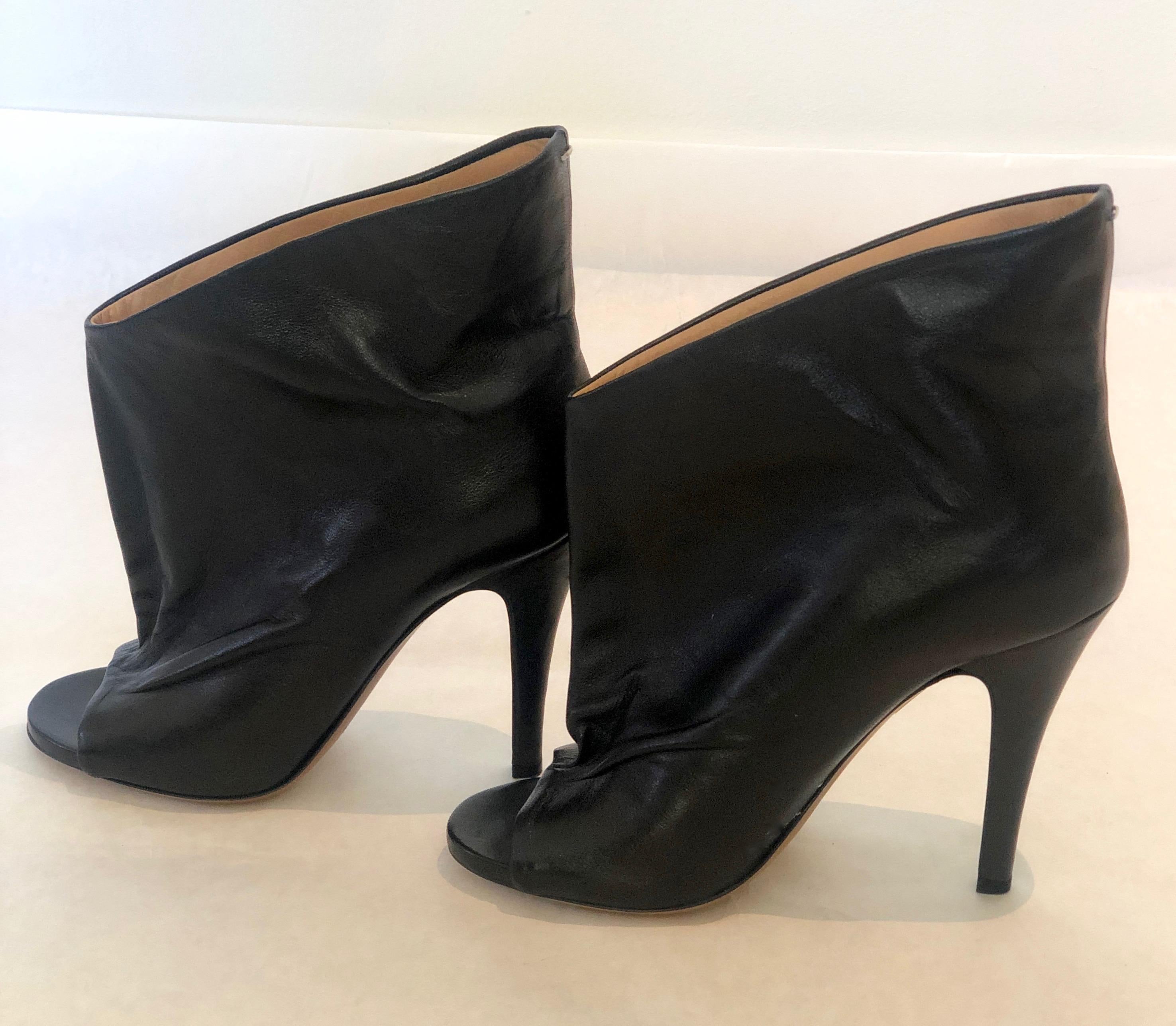 Pair of Maison Martin Margiala Black Open Toe Ankle Boots w/ Wide Unfitted Top  For Sale 1
