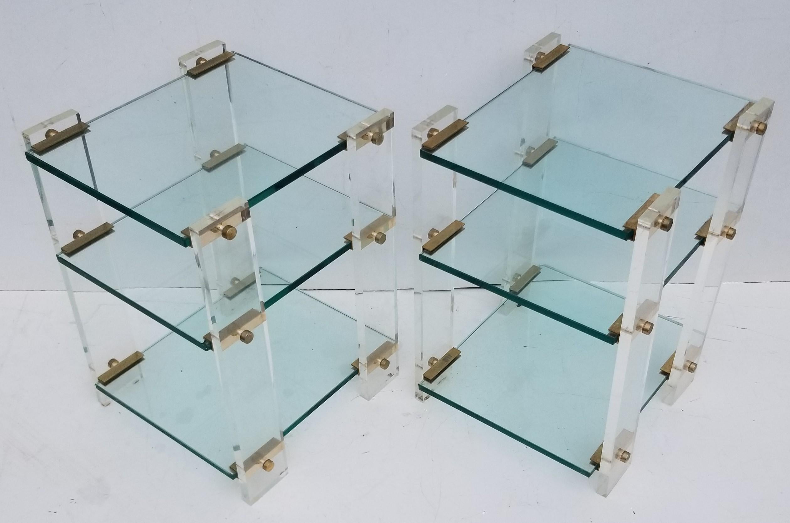 Pair of Maison Romeo side table, plexiglass and glass shelves
Heavy and sturdy, superb quality.

Space between the shelves: 8 in.