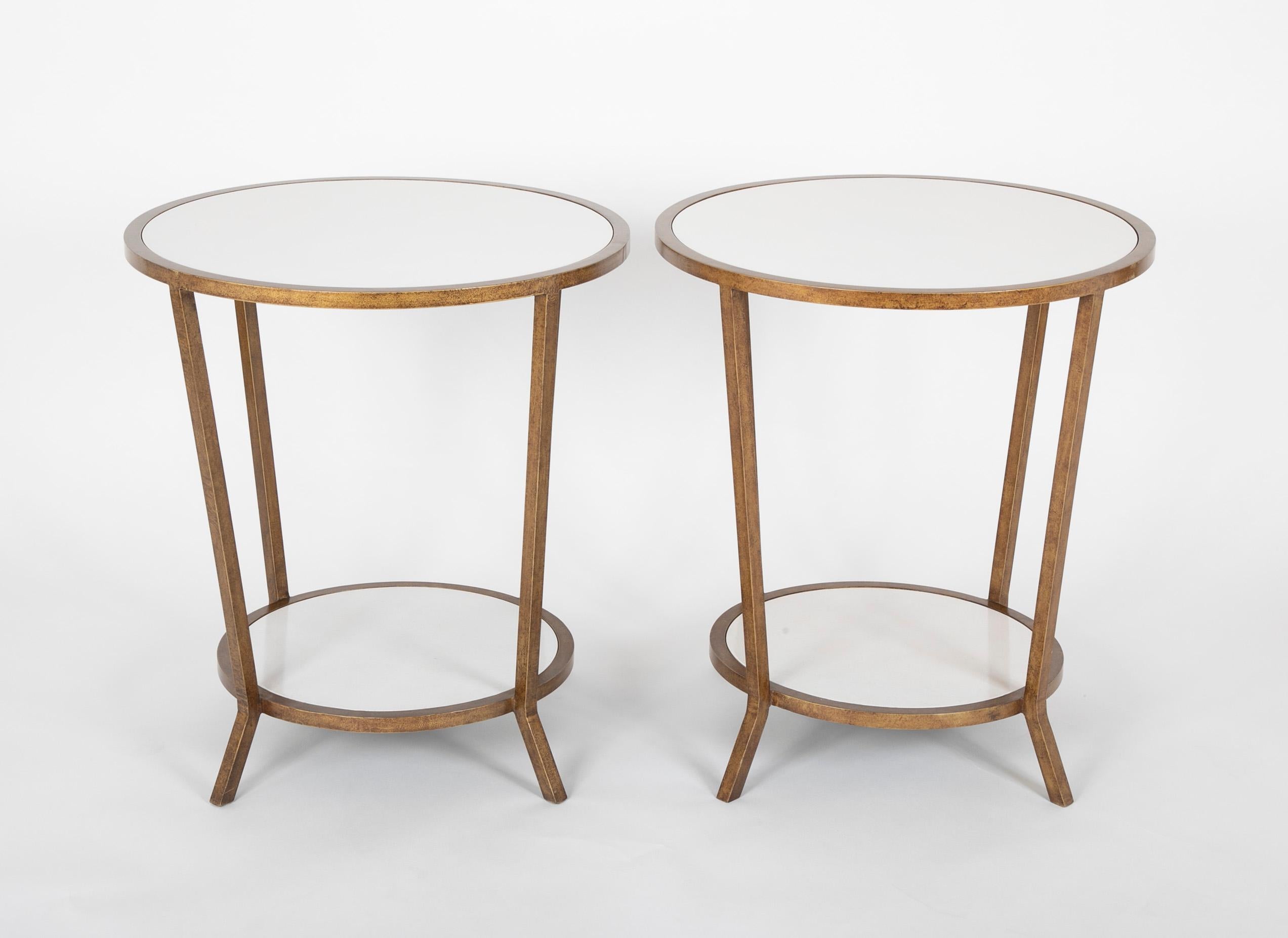 Modern Pair of Maison Vaughn Gueridons with Parchment Tops on Bronze Three Legged Bases